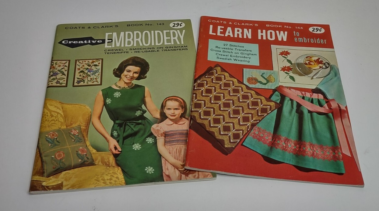 Vintage Coats Clarks Embroidery Books #143 with transfers #144 learn how 1963