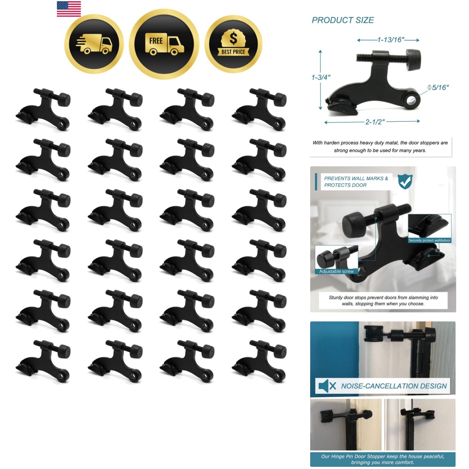 24 Pack Hinge Pin Black Door Stopper, Adjustable Heavy Duty Hinge Pin Door St...