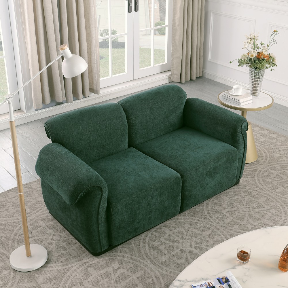 68.5" Green Chenille Sectional Sofa, Iron Frame, Split Back, Square Arms