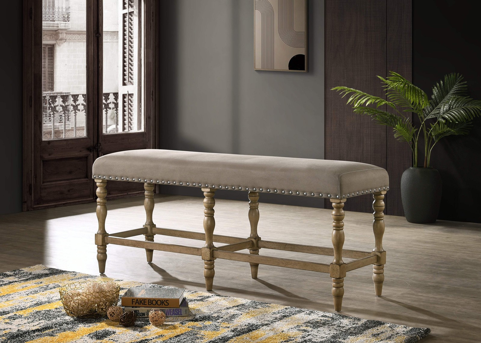 Birmingham Microfiber Upholstered Counter Height Bench with Nail Head Trim in Dr