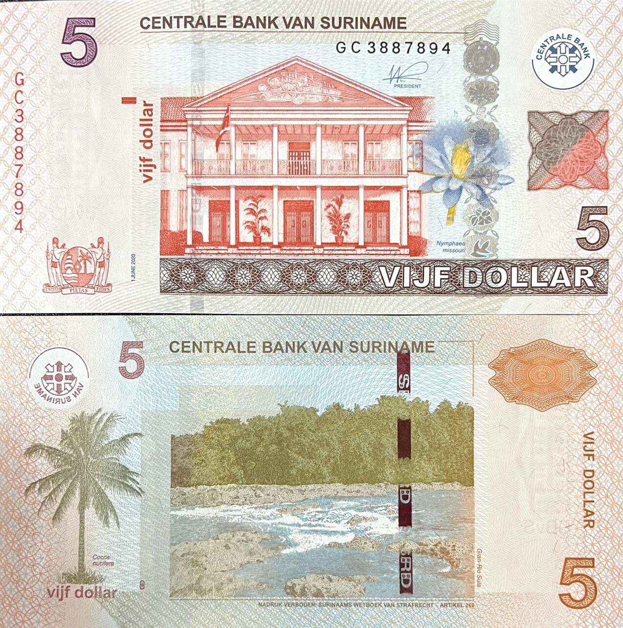 Suriname 5 Dollars 2020 P 162 New Sign UNC