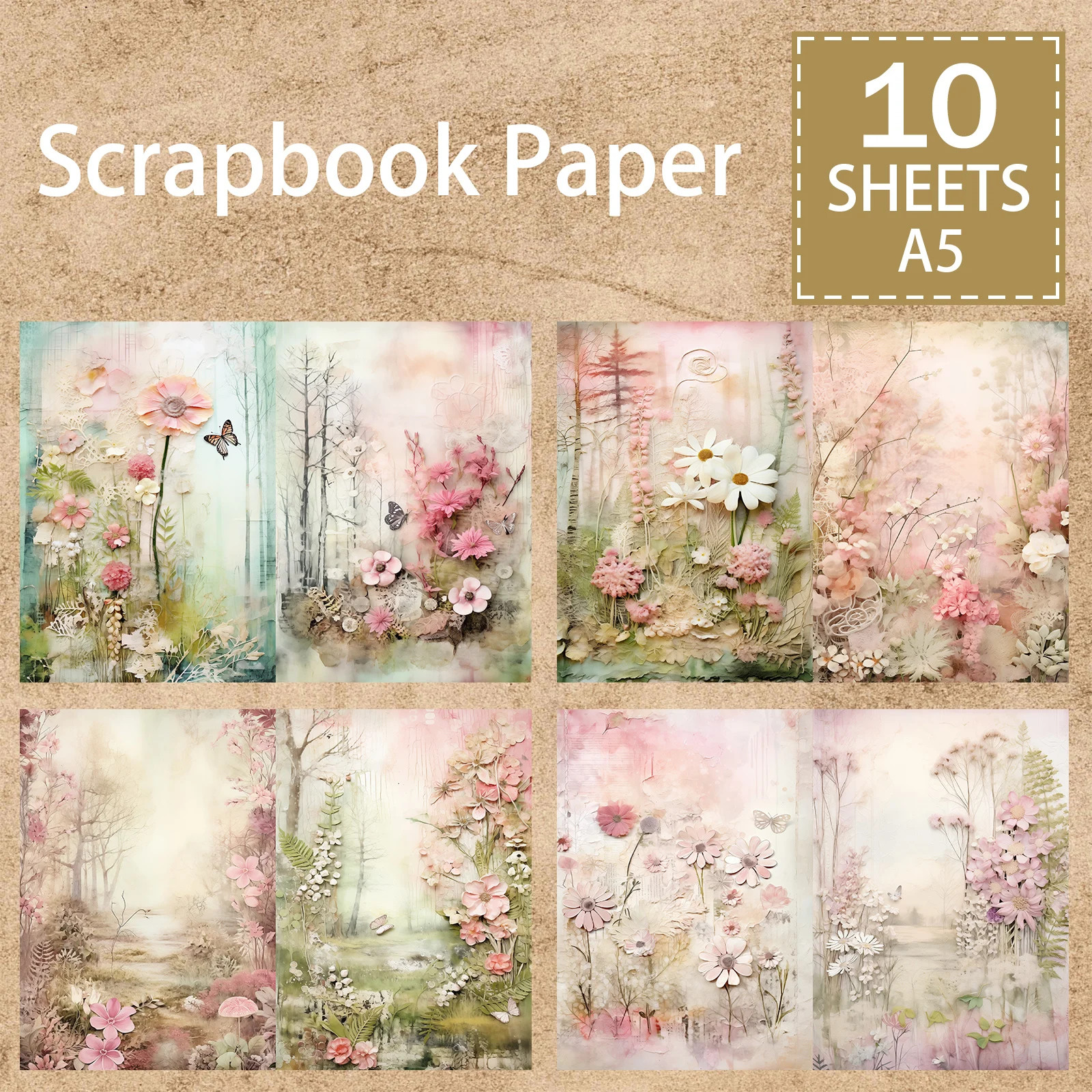 Forest Pink White Flowers Butterfly A5 Scrapbook Card Journal Craft Paper