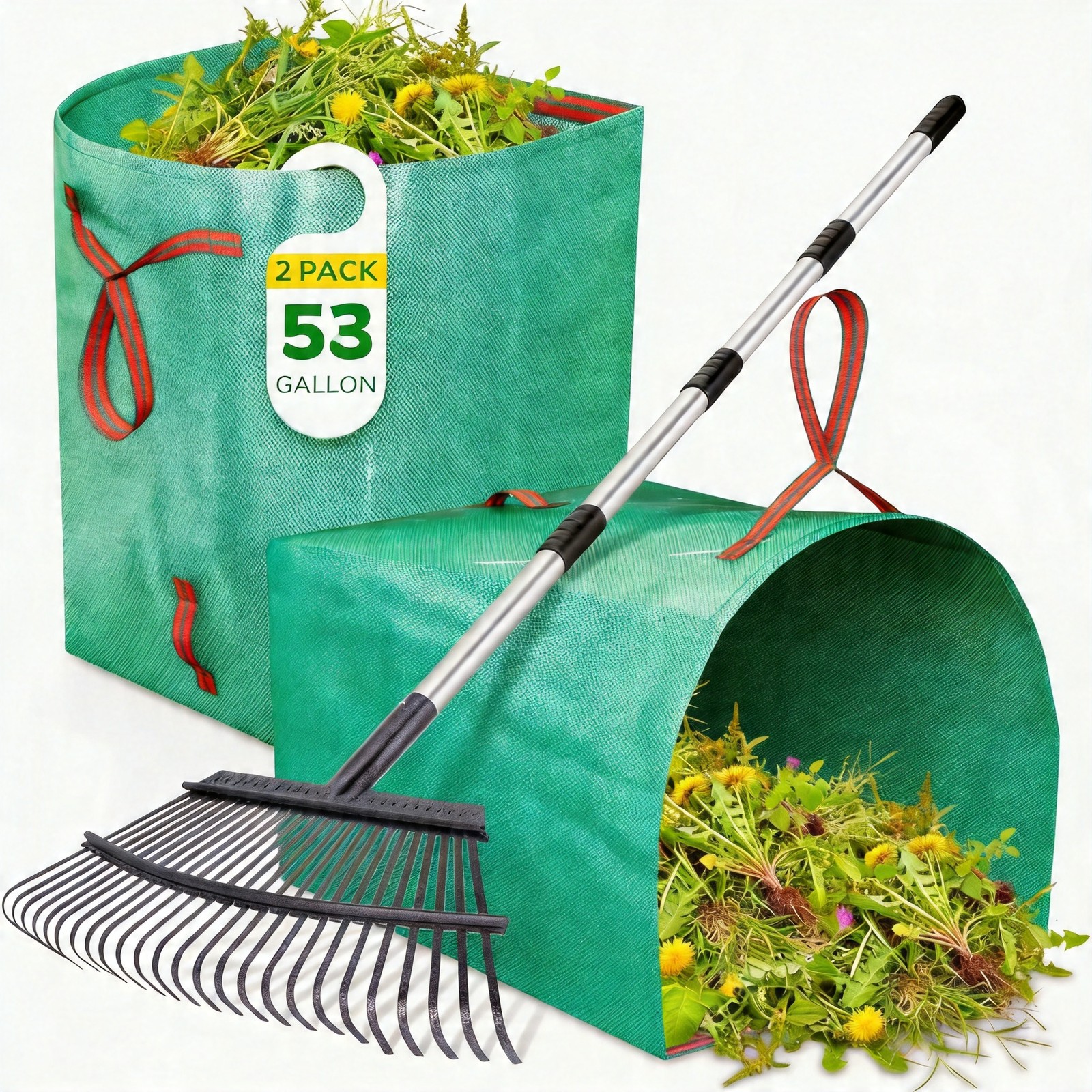 GreatBuddy Leaf Rake & 2 Pack 53 Gallon Bags Combo 25 Tines 72" Handle US