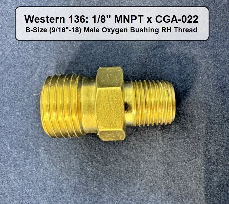 Western 136: 1/8" MNPT x CGA-022 B-Size (9/16"-18) Male Oxygen Bushing RH Thread