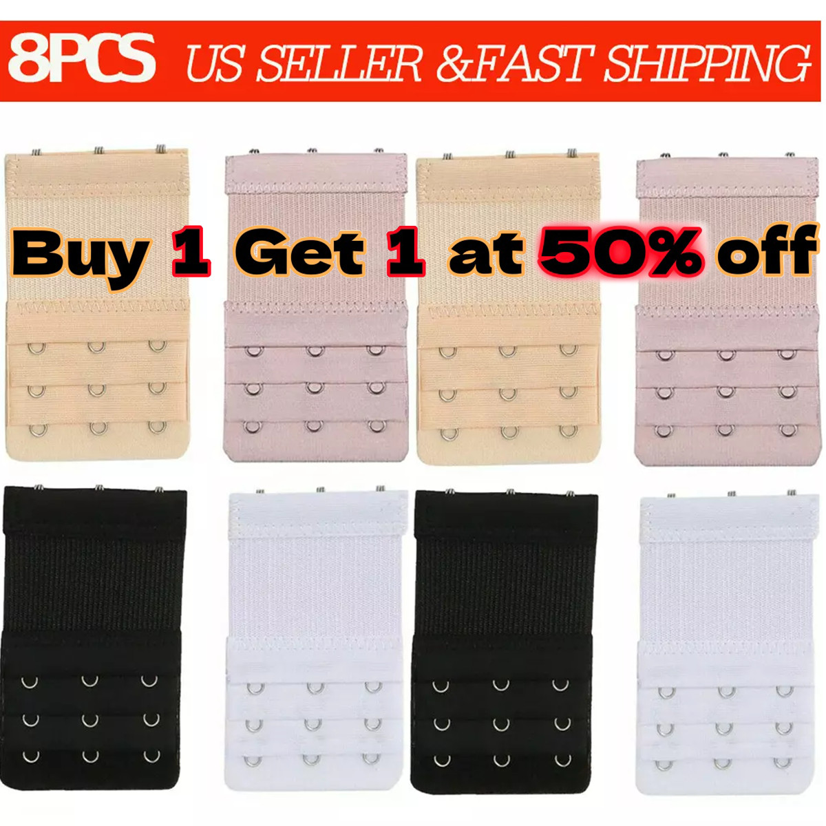 8Pcs Lady Adjustable Bra Extender 3 Hooks Elastic Underwear Strap Extension Belt