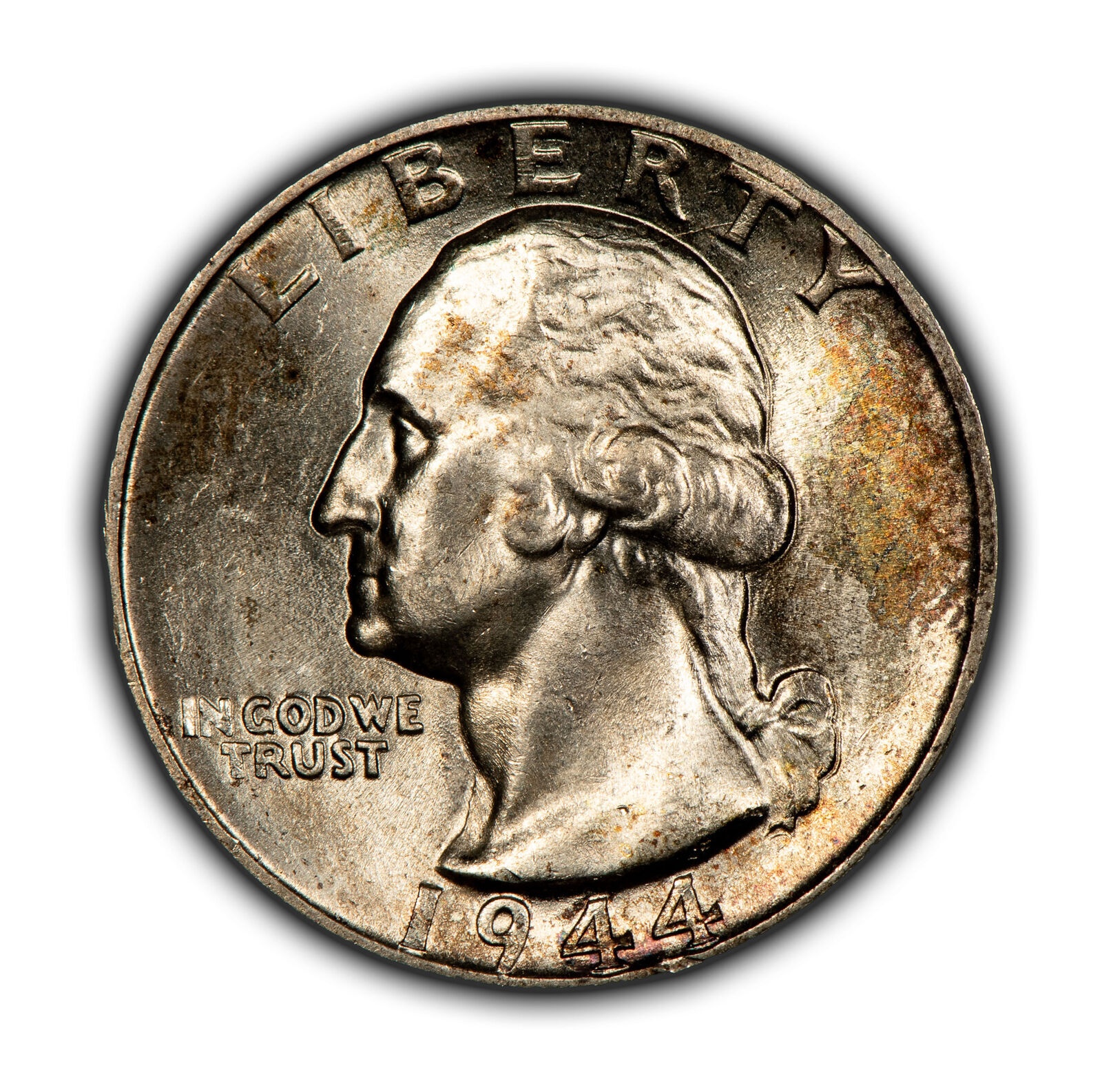 1944 25c Washington Quarter - Colorful Original Toning - Frosty BU - SKU-Z4538