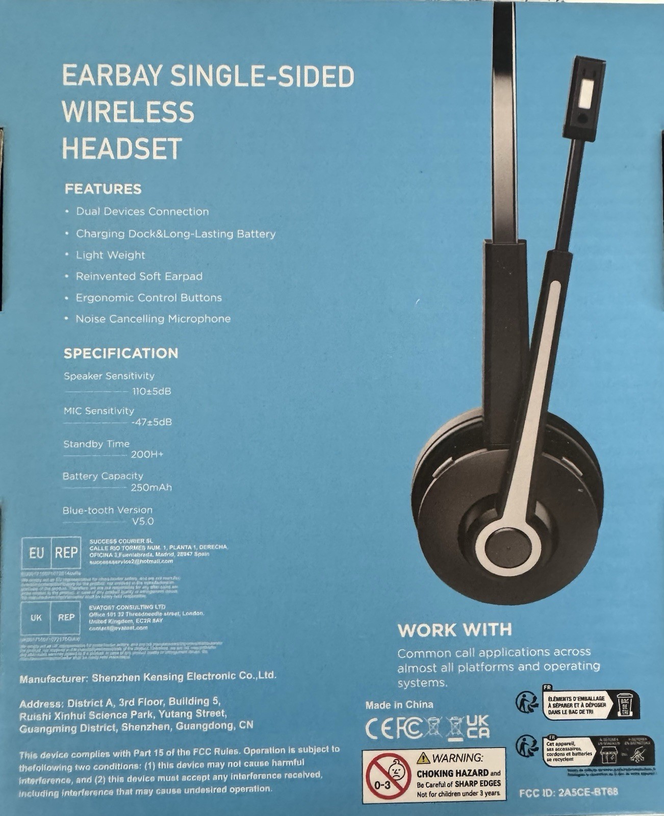 Earbay Single-Sided Bluetooth Wireless Headset Noise Cancel Boom Mic Dock Black