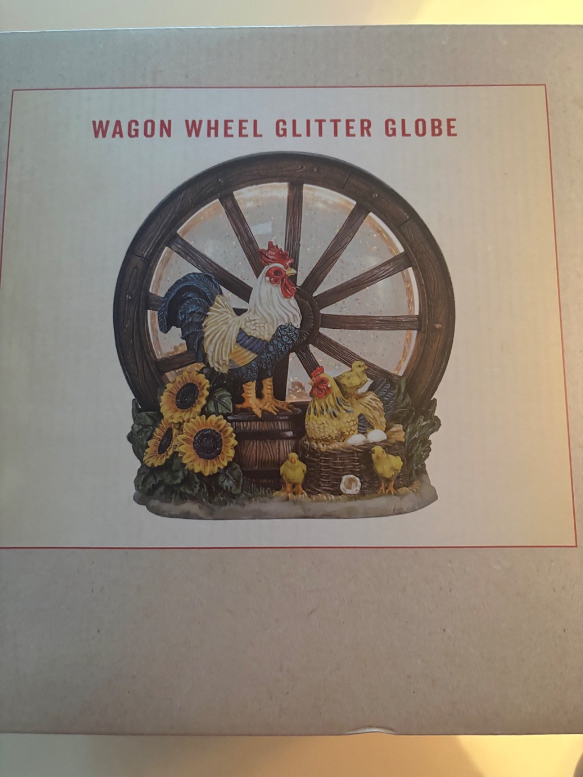 CRACKER BARREL WAGON WHEEL ROOSTER SUNFLOWERS GLITTER GLOBE - NEW