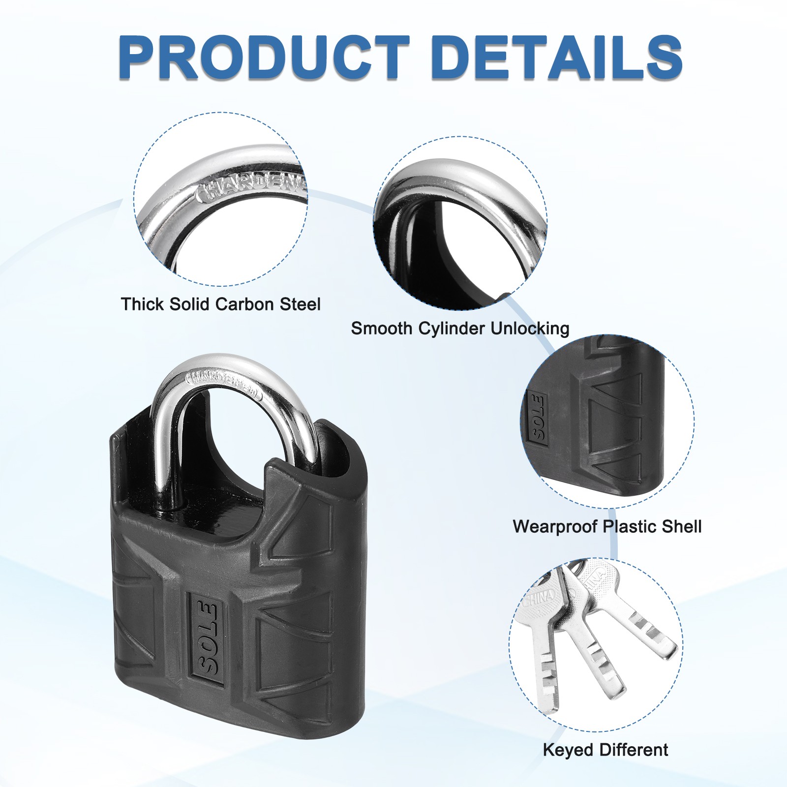 High Security Solid Steel Padlock with Key, Black (1-11/16 Inch)