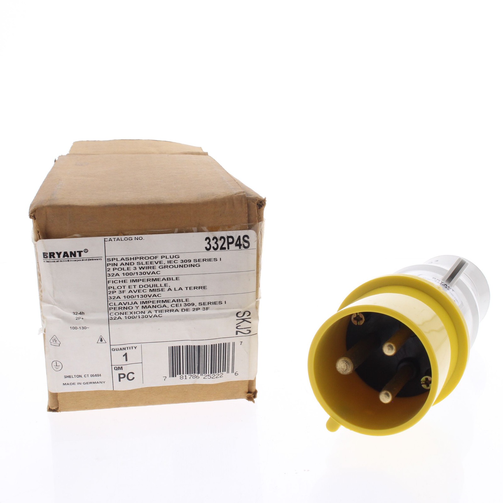 Hubbell 332P4S Splashproof 32A Male IEC 309 Pin & Sleeve Plug 100-130V 2P3W