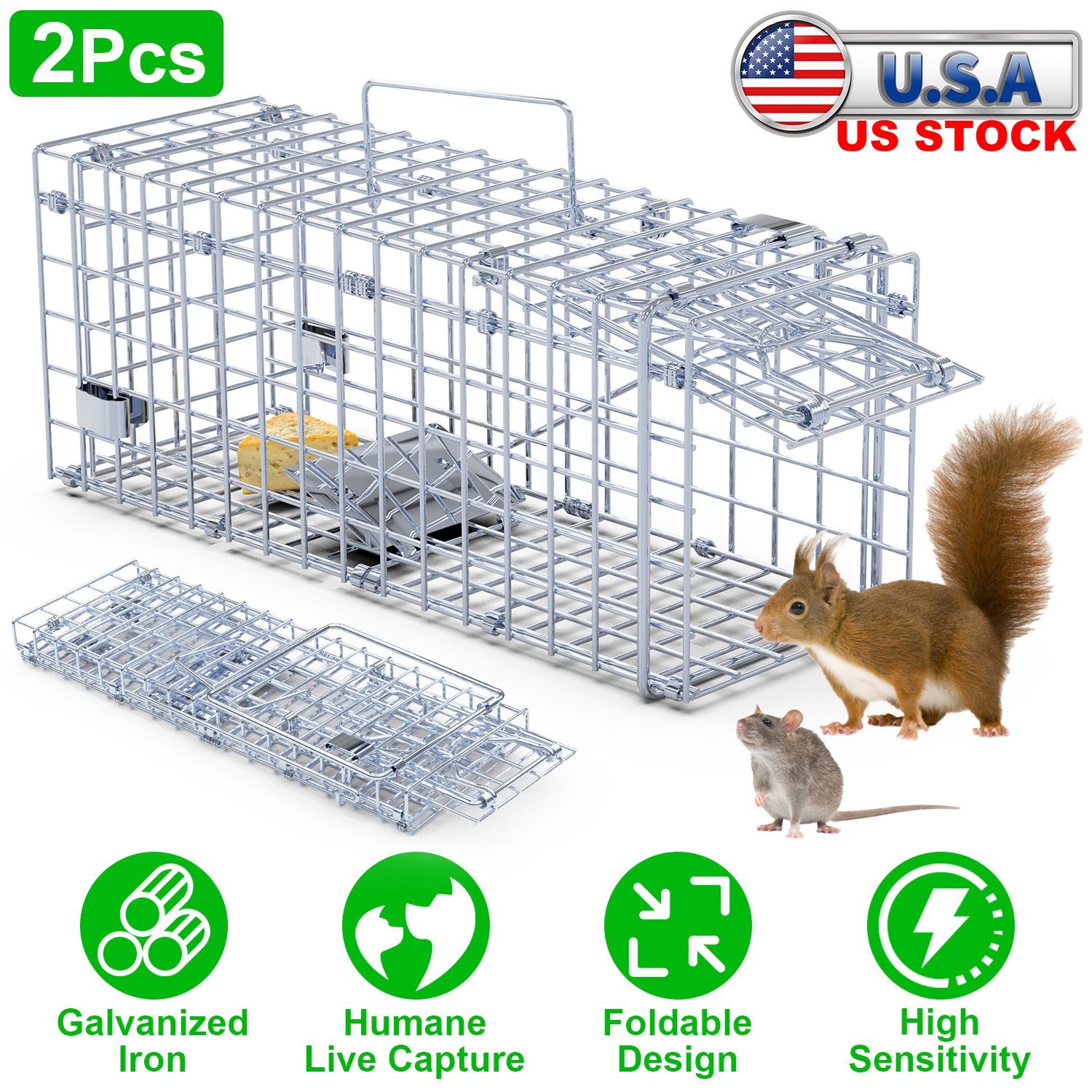 2pcs Humane Trap Cage Squirrels Chipmunks Mice Rats Rodent Animal Trap Outdoor