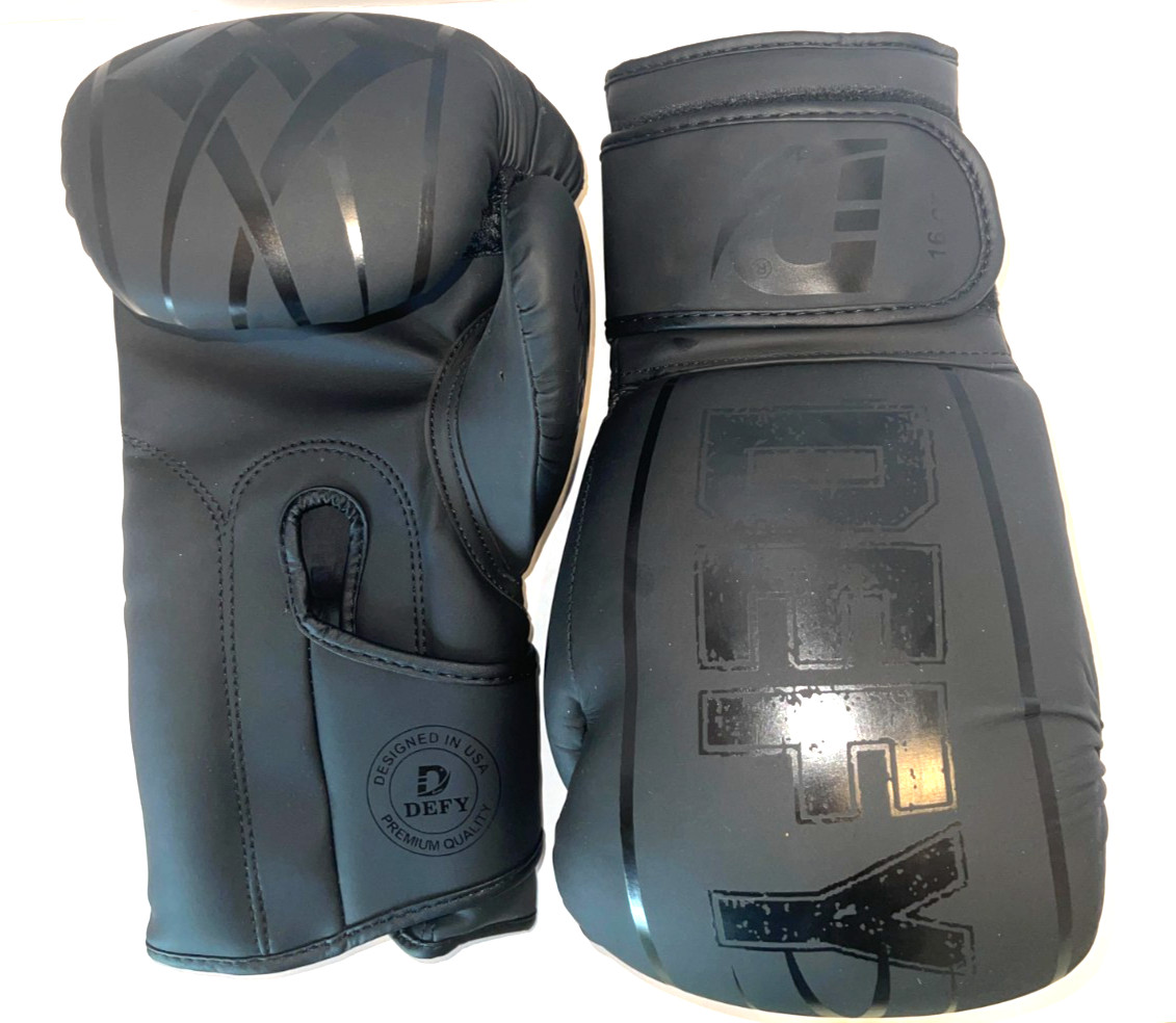 DEFY Faux Leather 16 Ounce Boxing Gloves Thai, Training Sparring Gloves Black