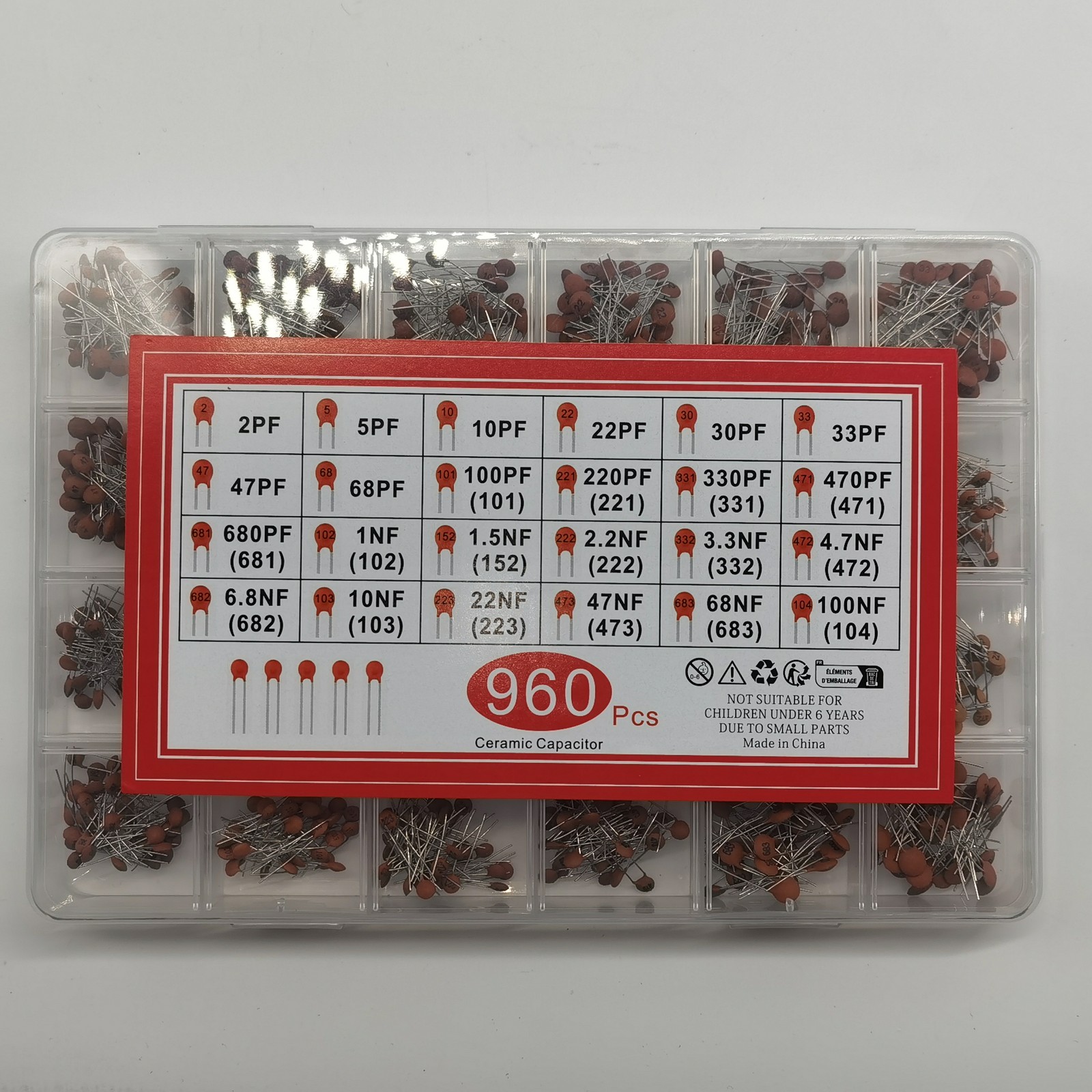 Ceramic Capacitor Assortment Kit,24Value 960PCS 2Pf-100Nf DIP Monolithic Multila