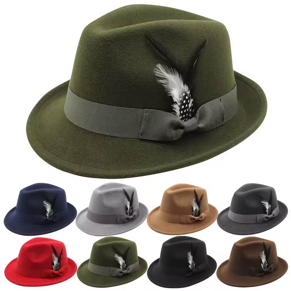 Classic Fedora Hats for Men Women Short Brim Felt Feather Hat Panama Dress Hat