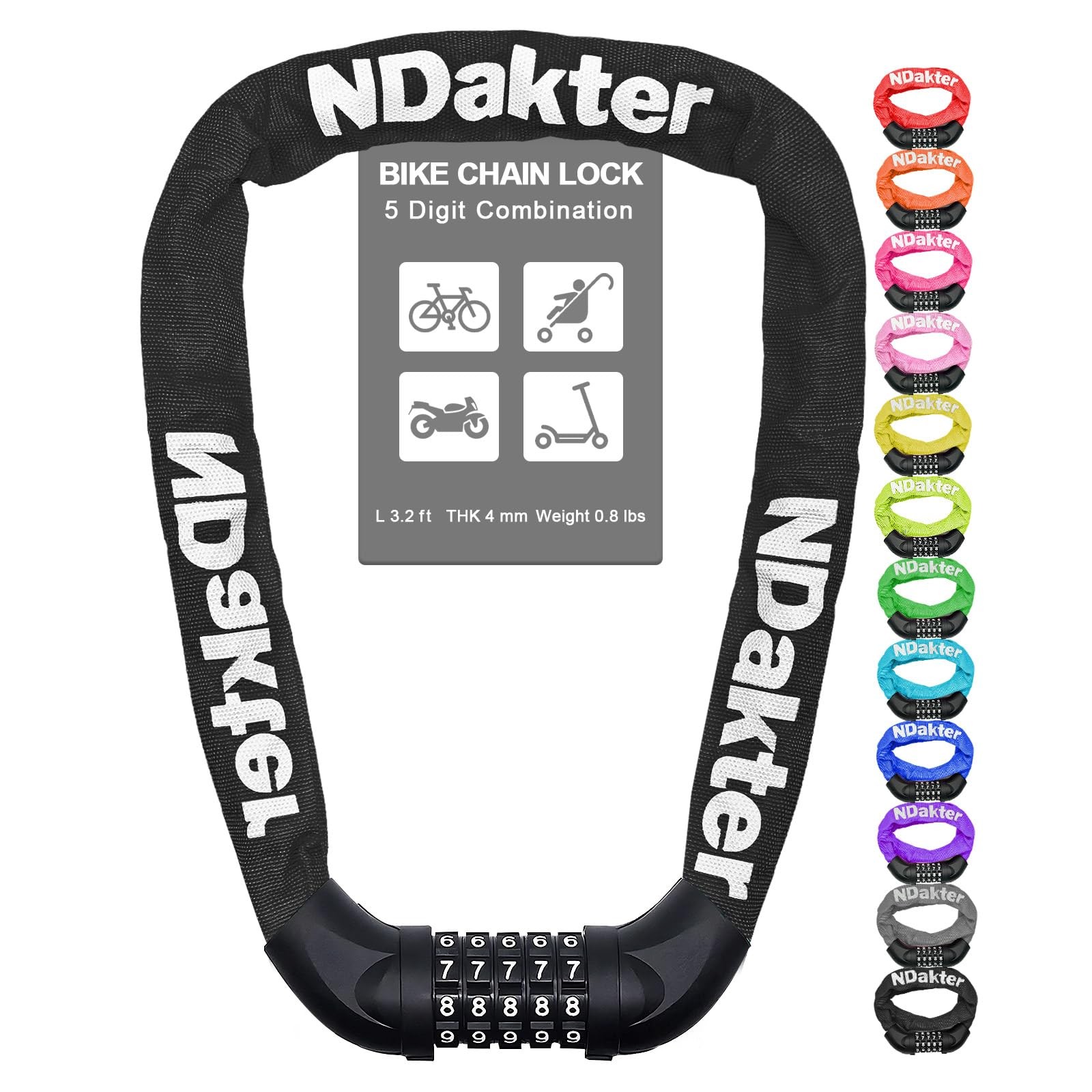 Bike Chain Lock 5 Digit Combination Heavy Duty Anti Theft Security Scooter Gate