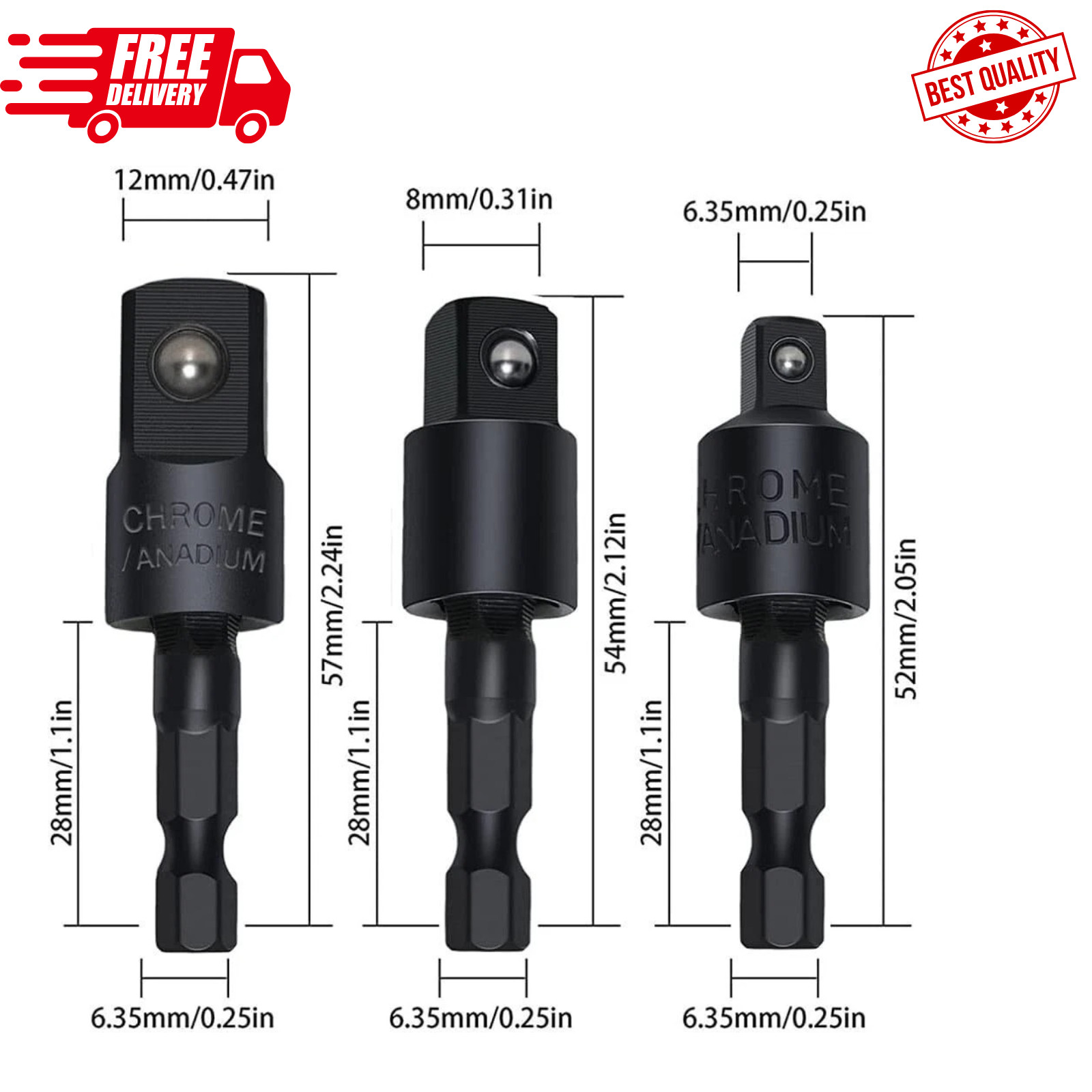 3Pcs 1/4" 3/8" 1/2" Bits 360° Swivel Impact Grade Socket Adapter Extension Set