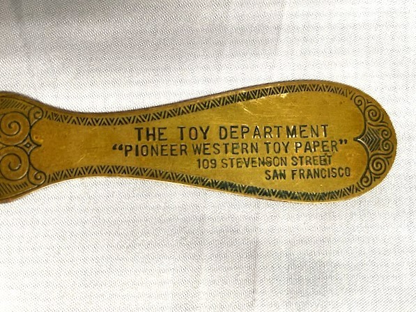 Toy Department Pioneer Western Toy Paper Letter Opener San Fancisco Advertising