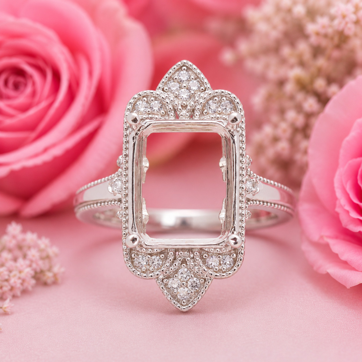 Sterling Silver Semi Mount Ring 12x10mm Emerald Cut Milgrain Women’s Style Ring