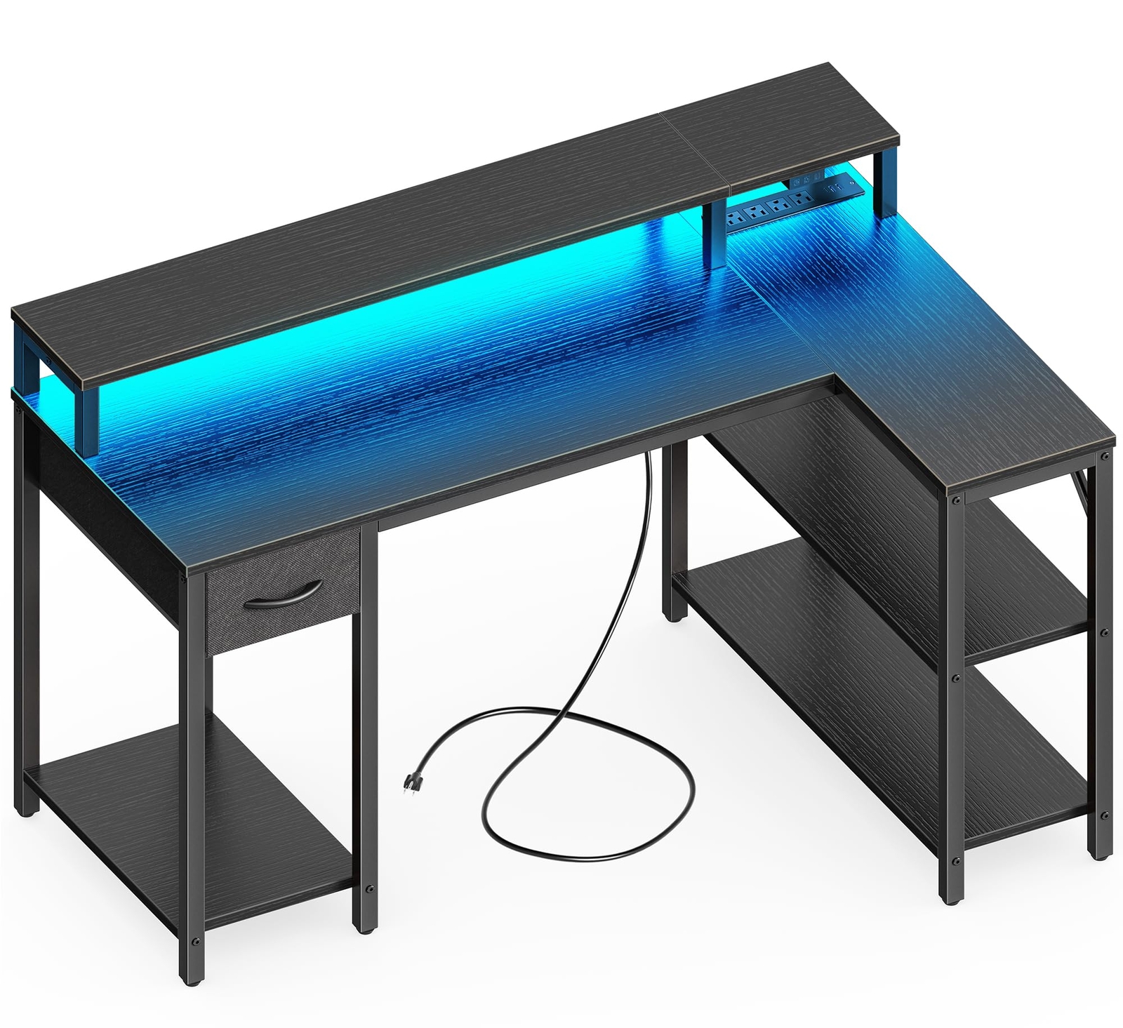SUPERJARE 47 inch Reversible L Shaped Desk with LED Lights & Power Outlets, Comp