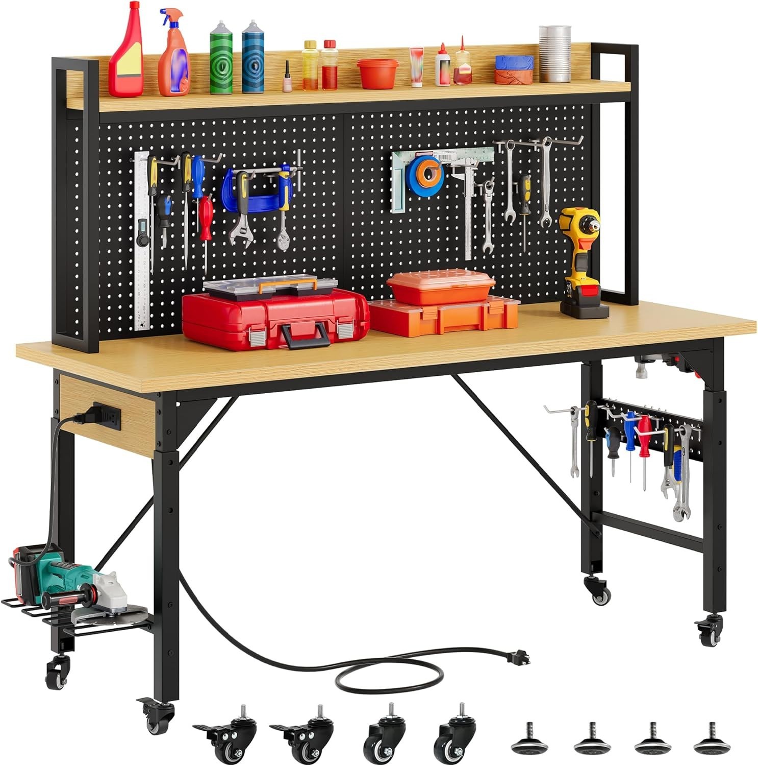 60" Adjustable Workbench with Pegboard, Heavy Duty Wood Top Work Bench with W...