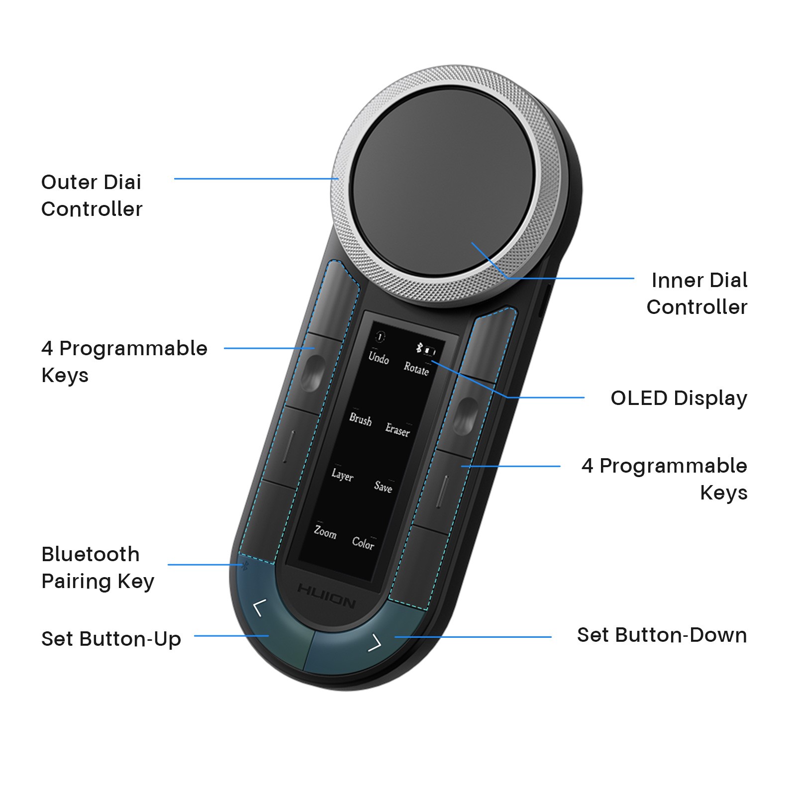 HUION Keydial Remote Bluetooth Programmable Keypad Dual Dials 60 Customized Keys