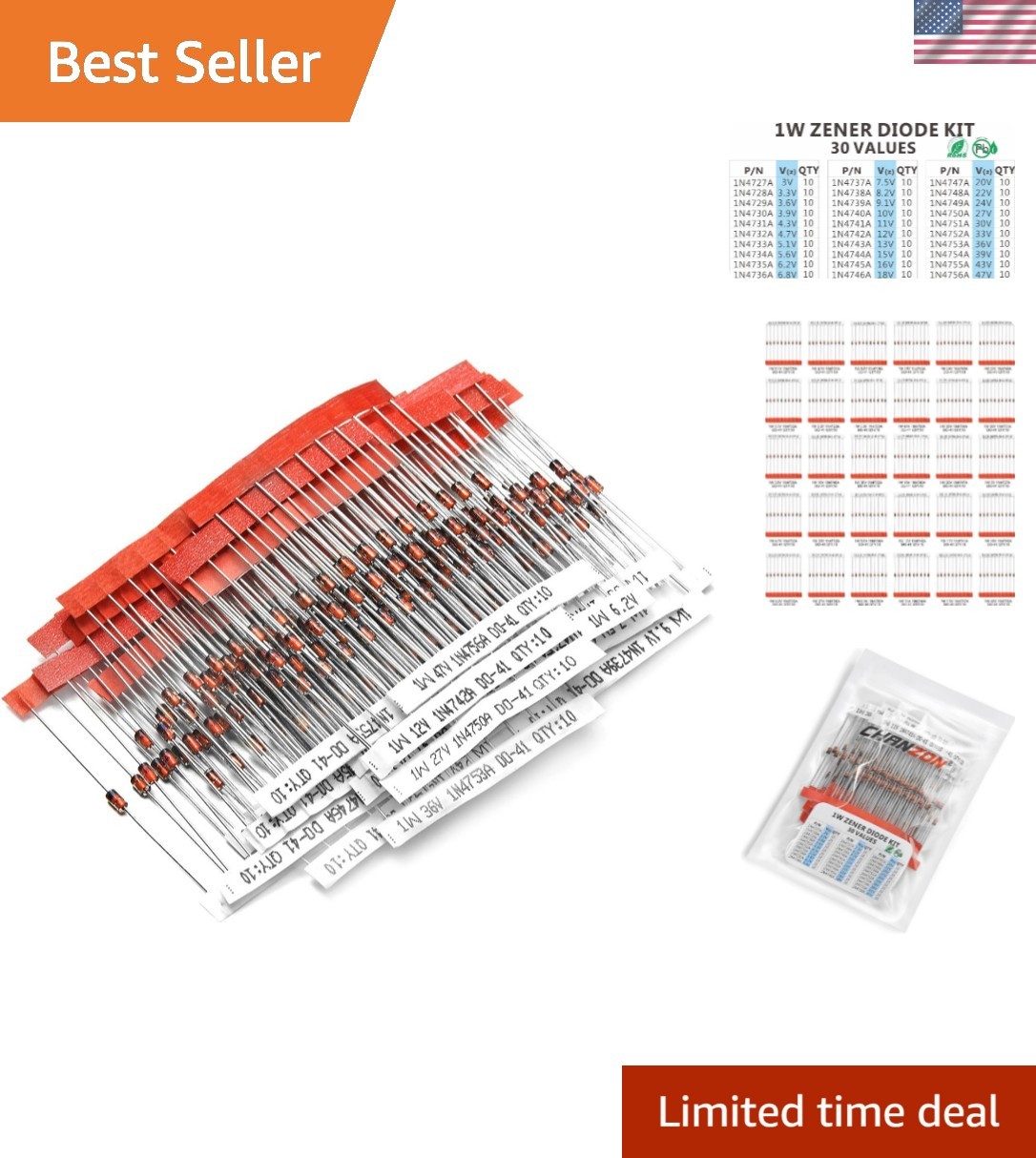 30 Values 300pc 1W Zener Diode Assorted Kit 3V 3.3V 3.6V 3.9V 4.3V 4.7V 5.1V ...