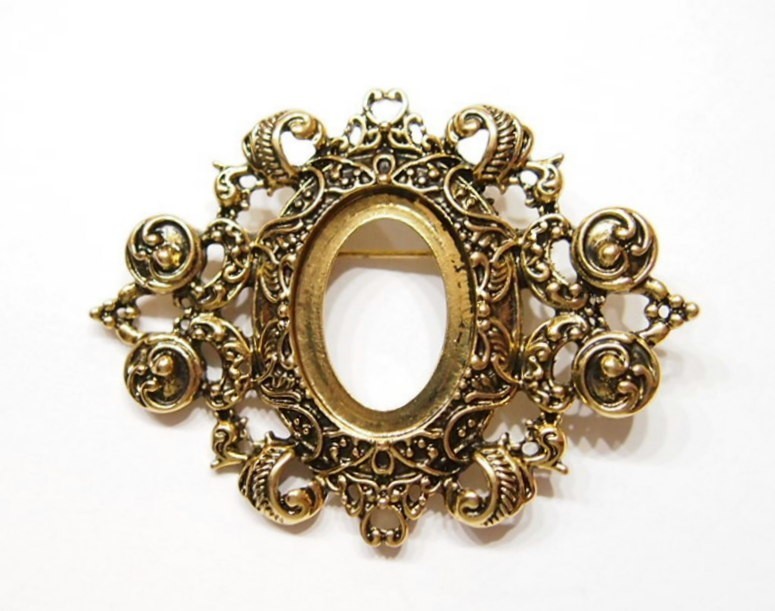 6 of 25x18mm Antique Gold Ornamental Hearts Brooch/Pin Pendant Settings 49x64mm