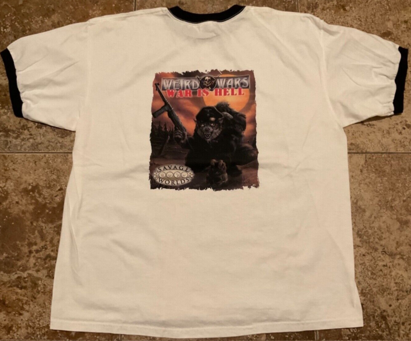 VINTAGE SAVAGE WORLD WEIRD WARS GRAPHIC T-SHIRT ( MENS 2XL ) RINGER WHITE BLACK