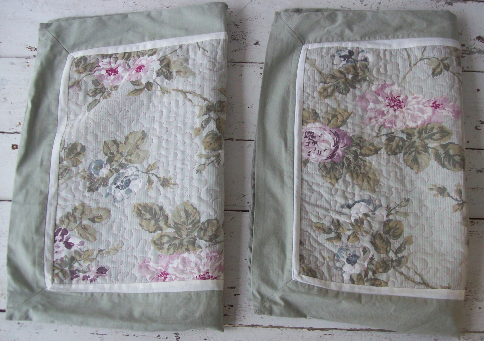 Laura Ashley Quilted Standard Pillow Shams~Sage Green/Purple/White Floral~Cotton