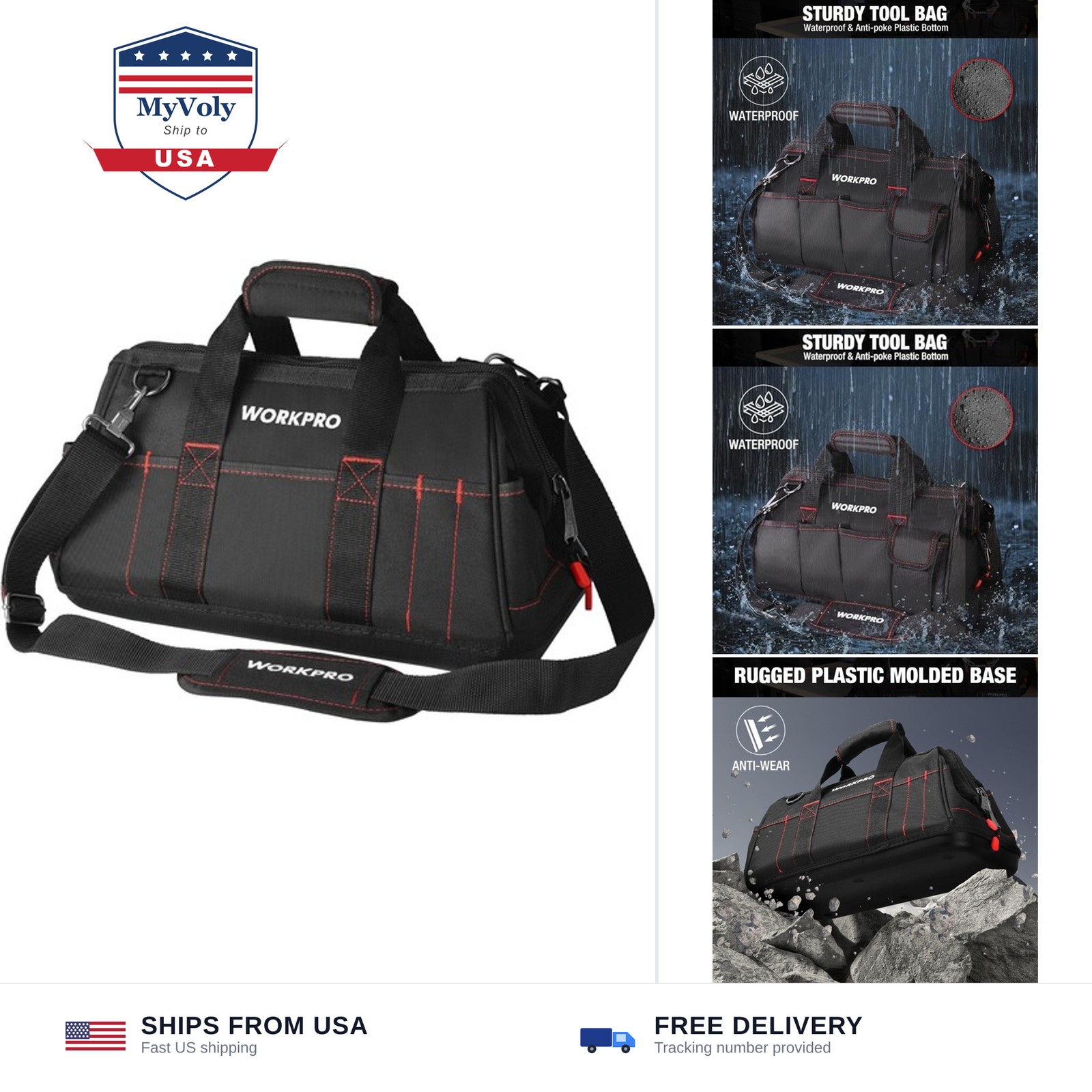WORKPRO 16-inch Close Top Wide Mouth Tool Storage Bag with Water Proof Rubber...