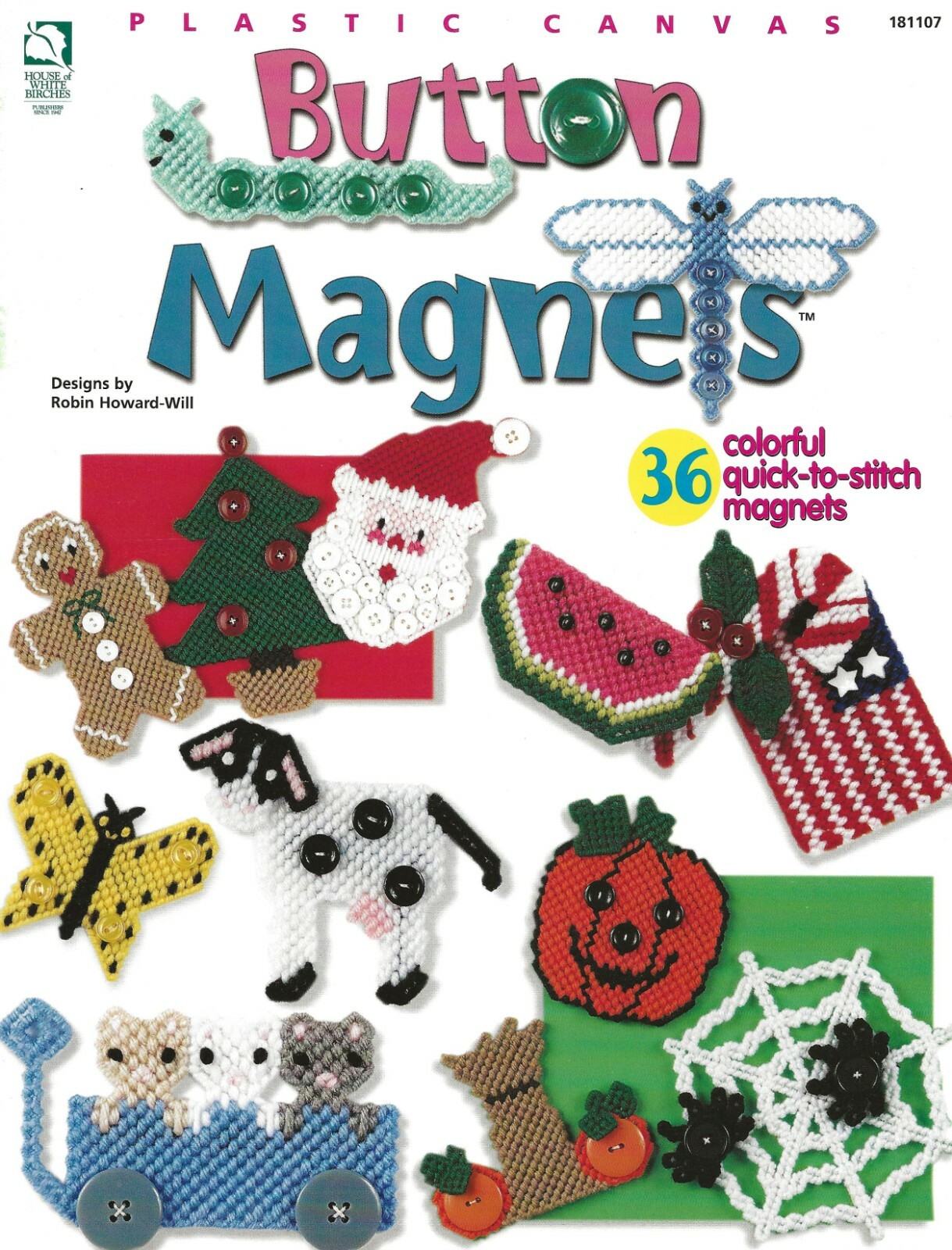 Button Magnets Plastic Canvas Watermelon Pumpkin Wagon Kitties GIngerbread BOOK