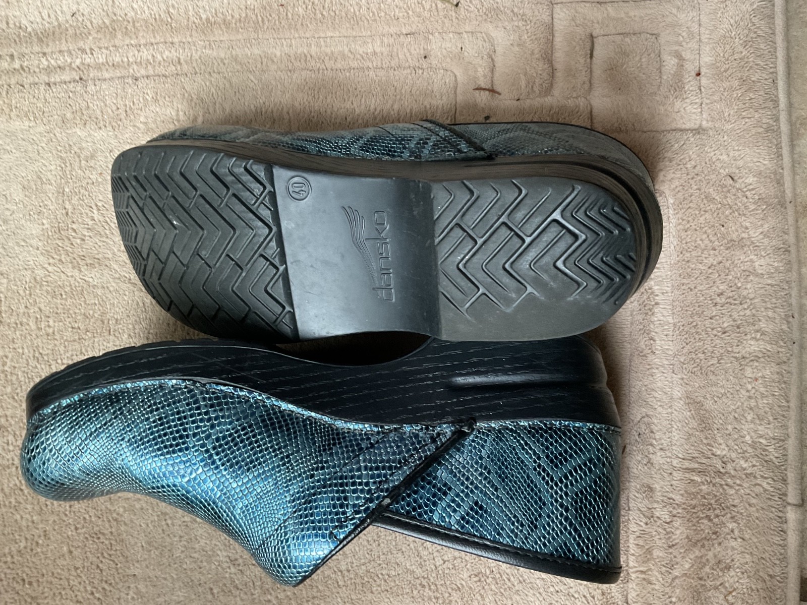 Pair of Blue "Gator Embossed" Dansko Clogs, sz. 40