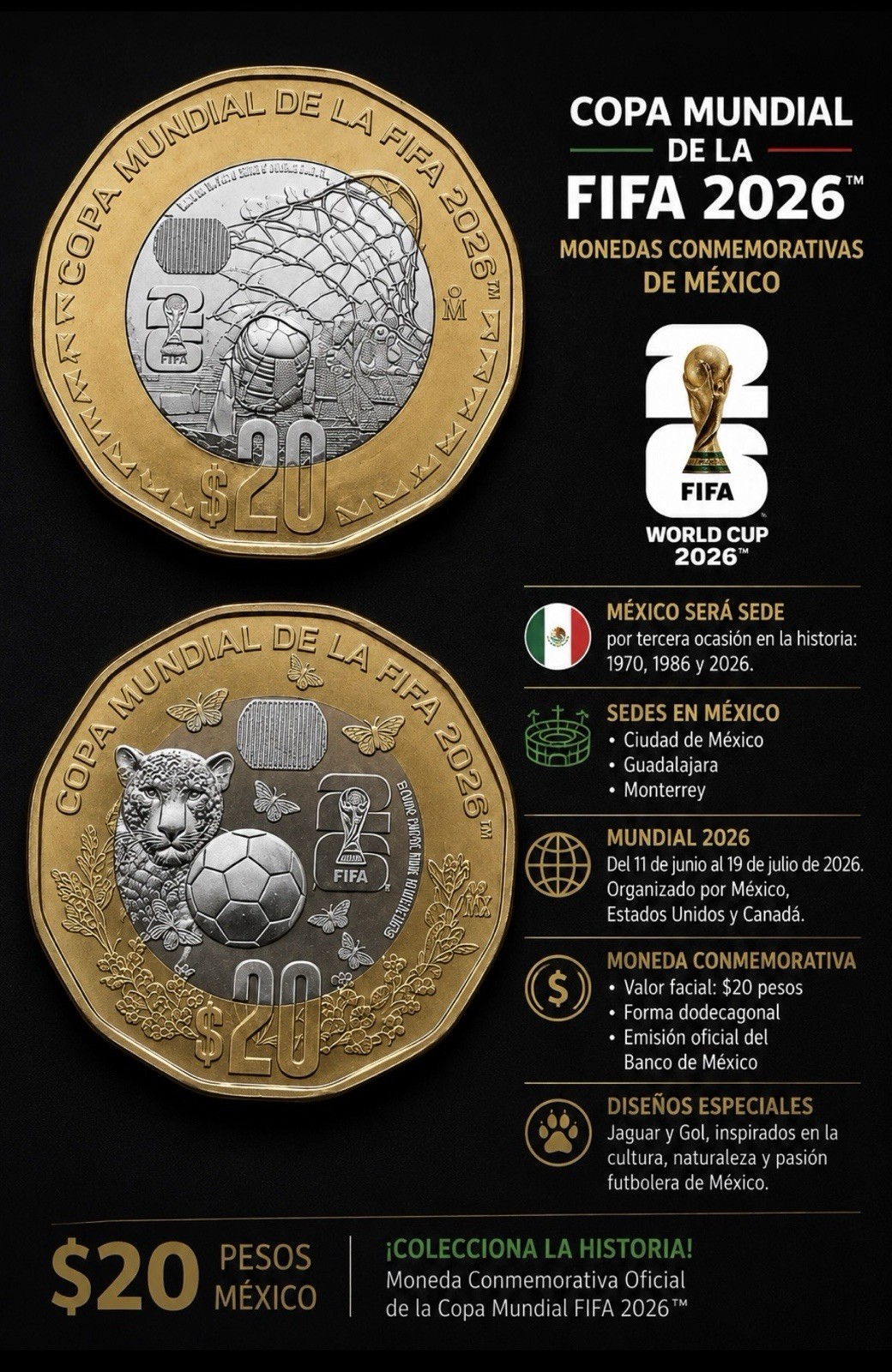 2026 FIFA WORD CUP MEXICO 20 PESOS  BI-METAL Jaguar Monterrey LOT  2 PCs (2)
