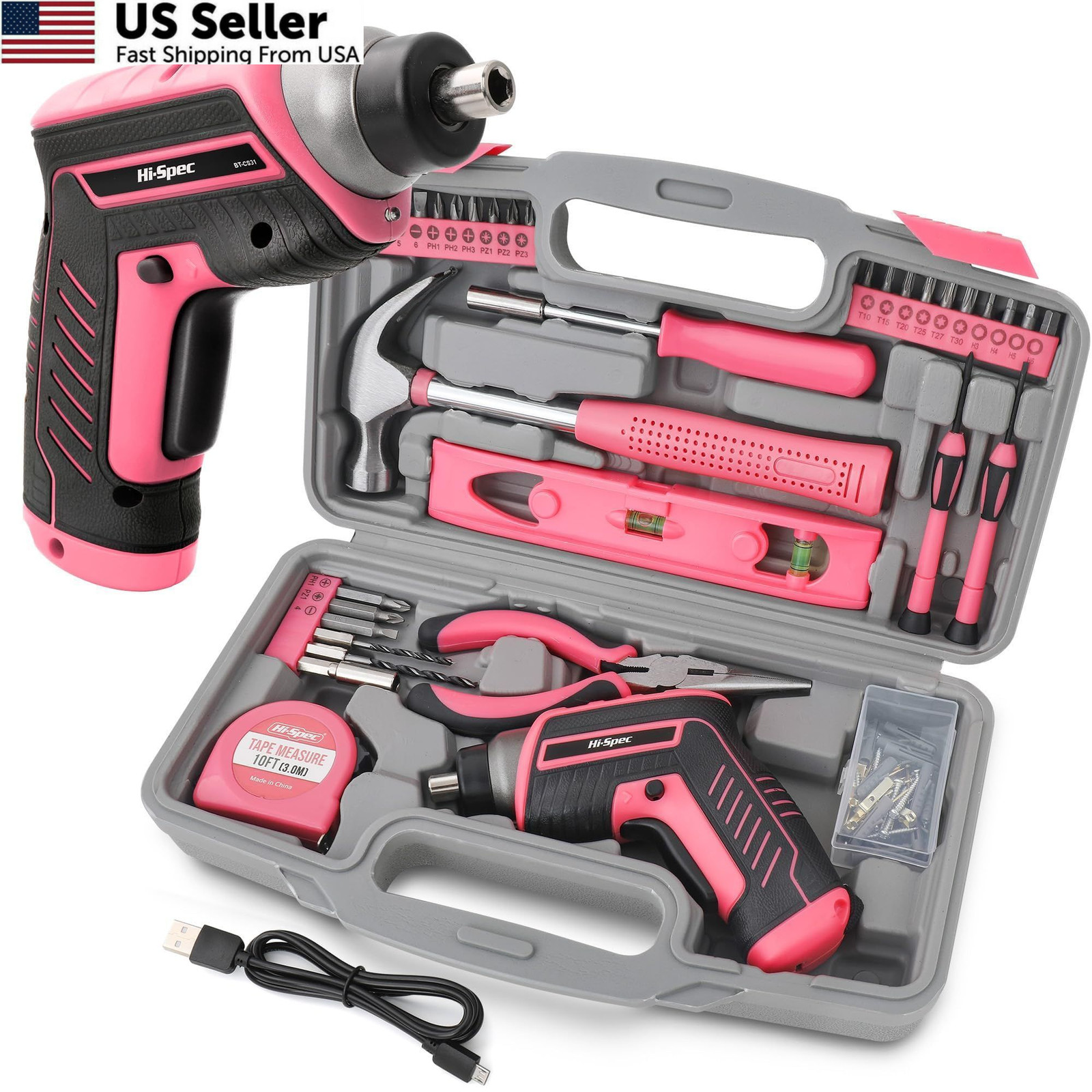 Hi-Spec 35pc Pink Tool Kit 3.6V USB Electric Screwdriver Set for Women Home DIY