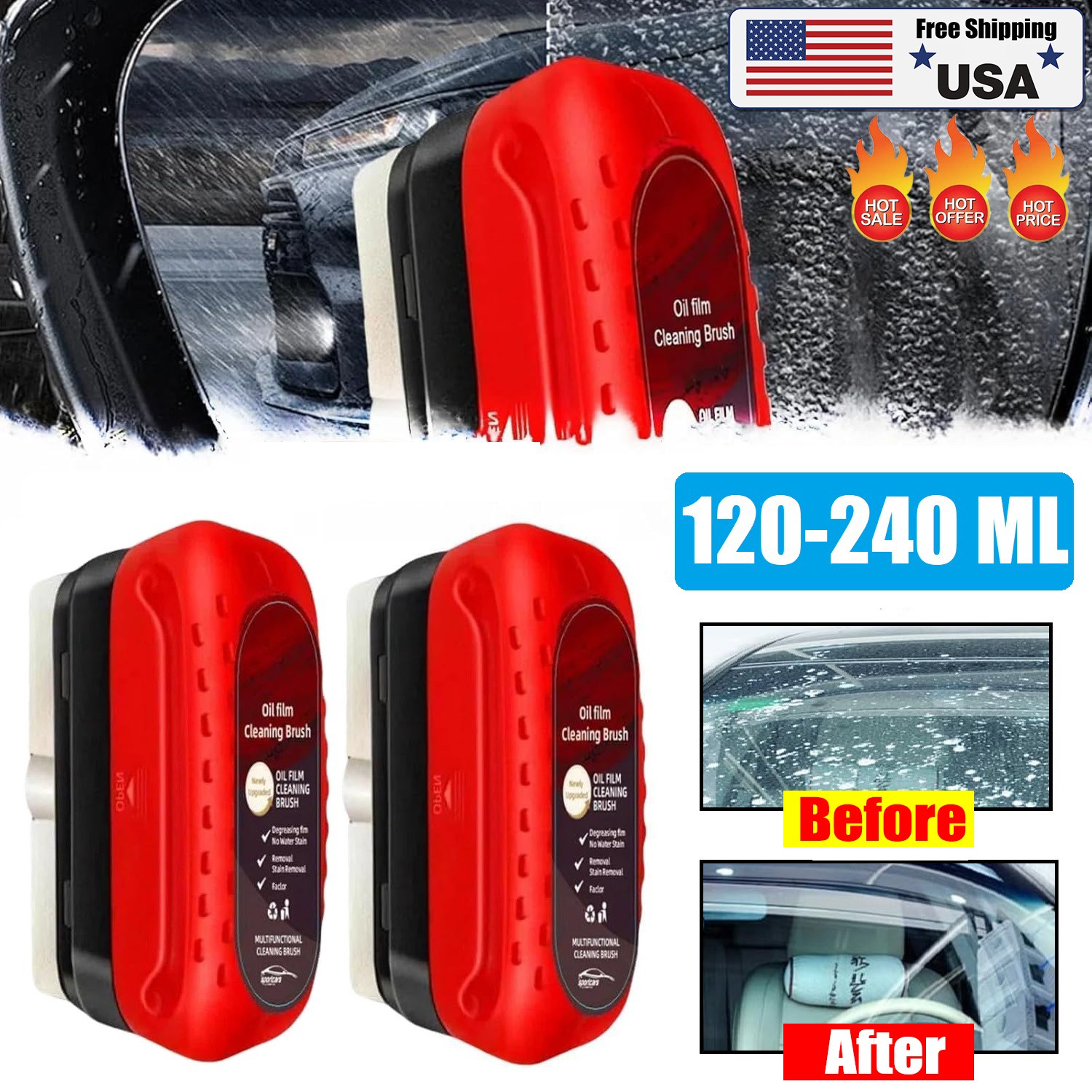 2PCS 120ml All-in-one Car Automotive Glass Oil Film Cleaner Brush Removal Fluid