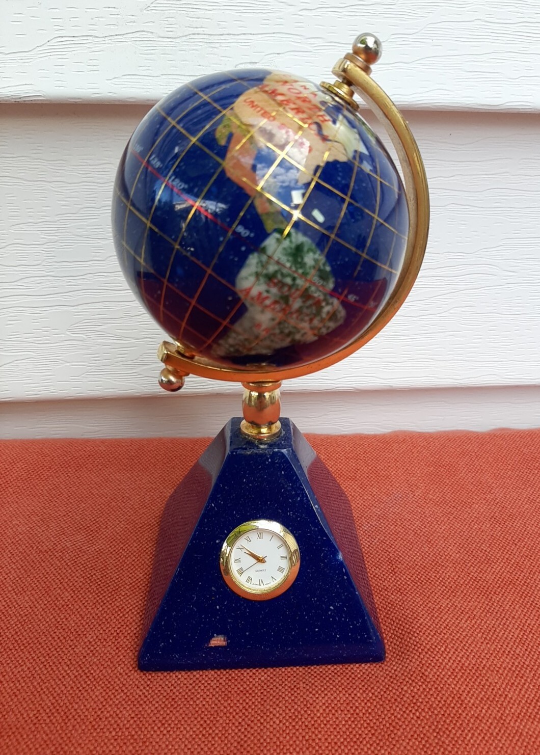 Lapis And Gemstone World Globe with Clock 7" Desktop