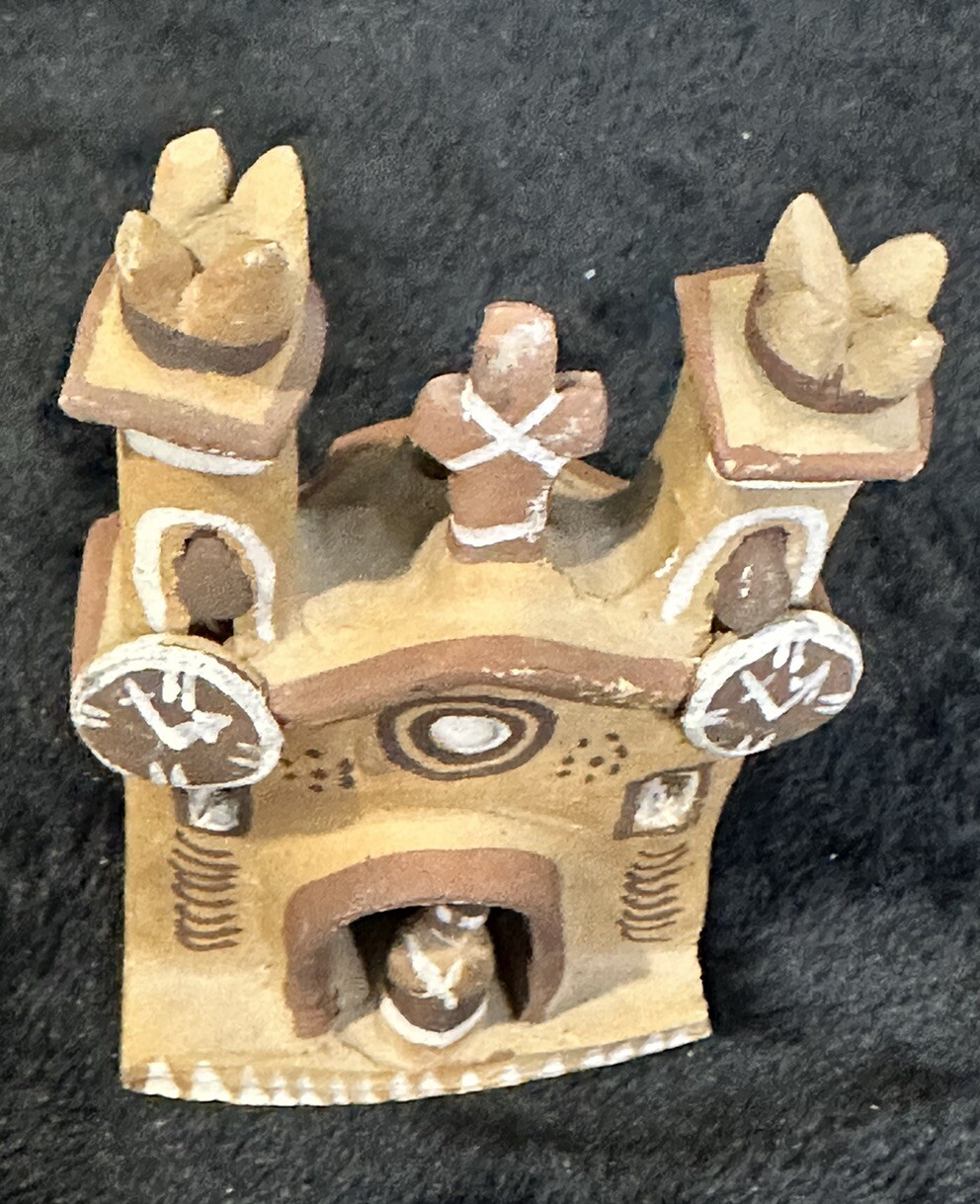 Vintage Peruvian Folk Art TerraCotta Pottery Clay Mission Church With Cross