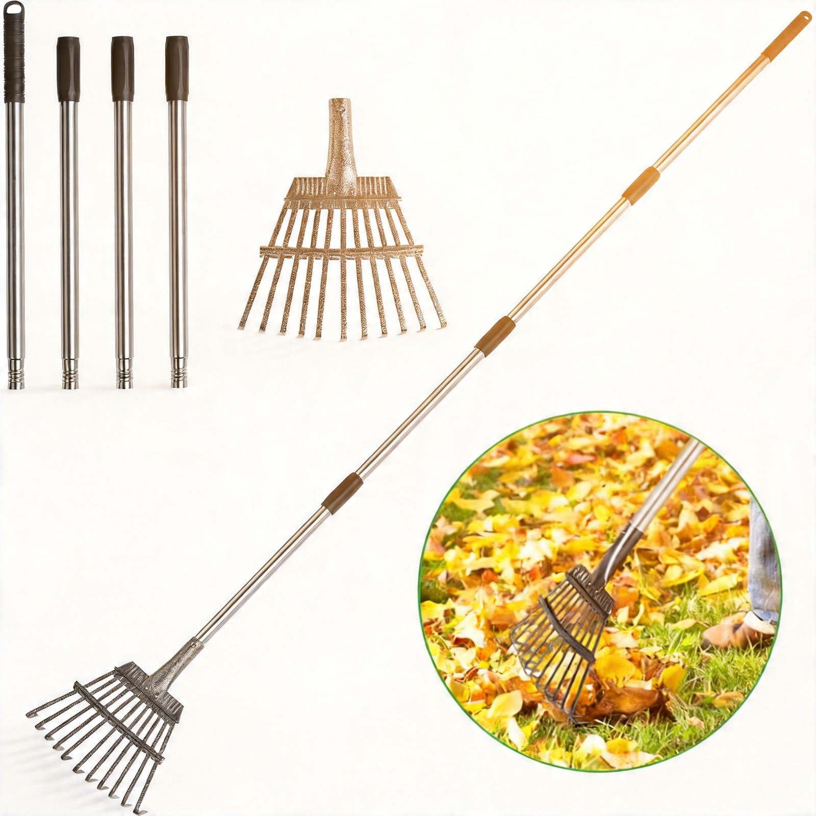 Adjustable Leaf Rake 8" Metal Garden Rake 29"-72" Extendable Handle