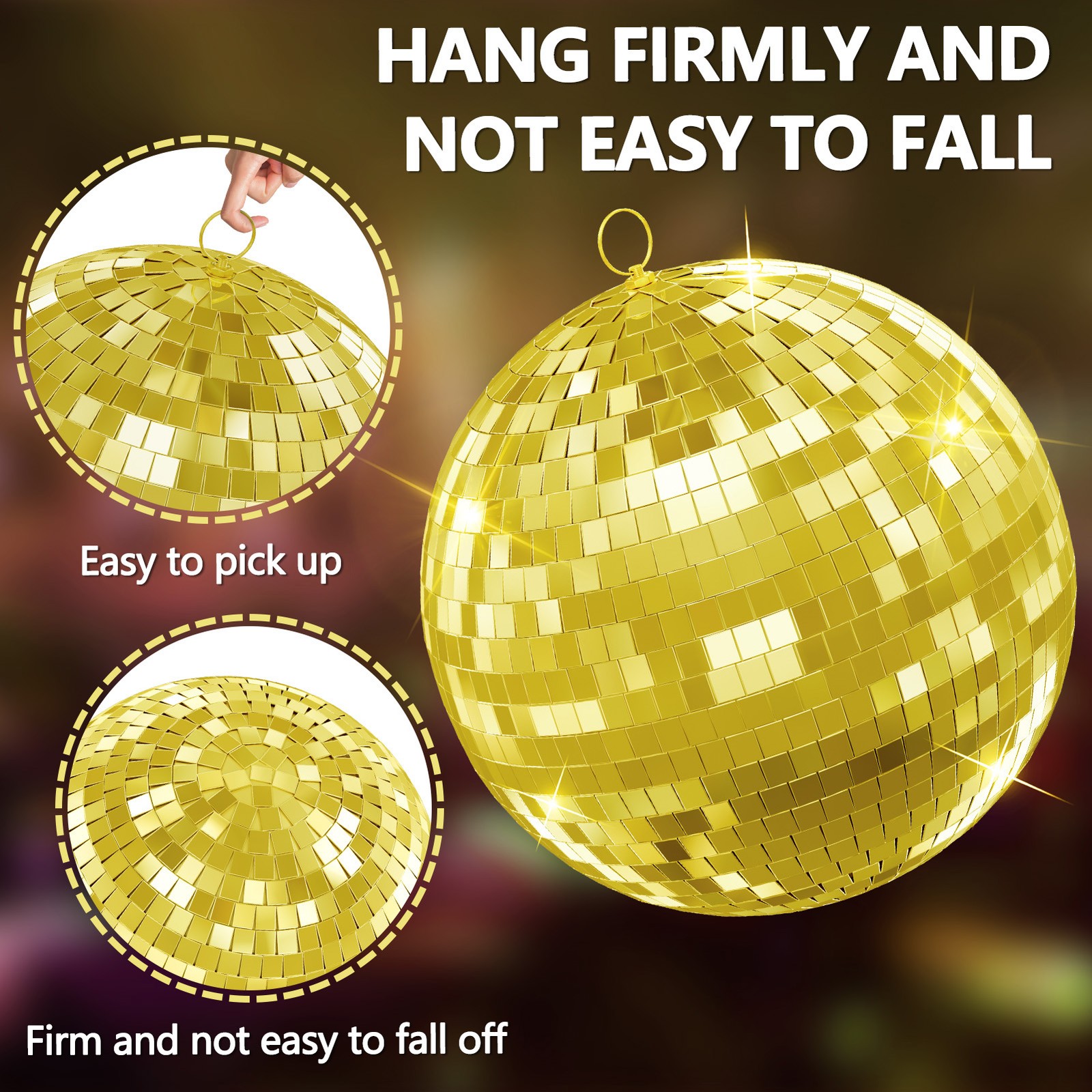 20" Mirror Disco Ball w/Hanging Ring Gold Pink for DJ Party Wedding Stage Decor
