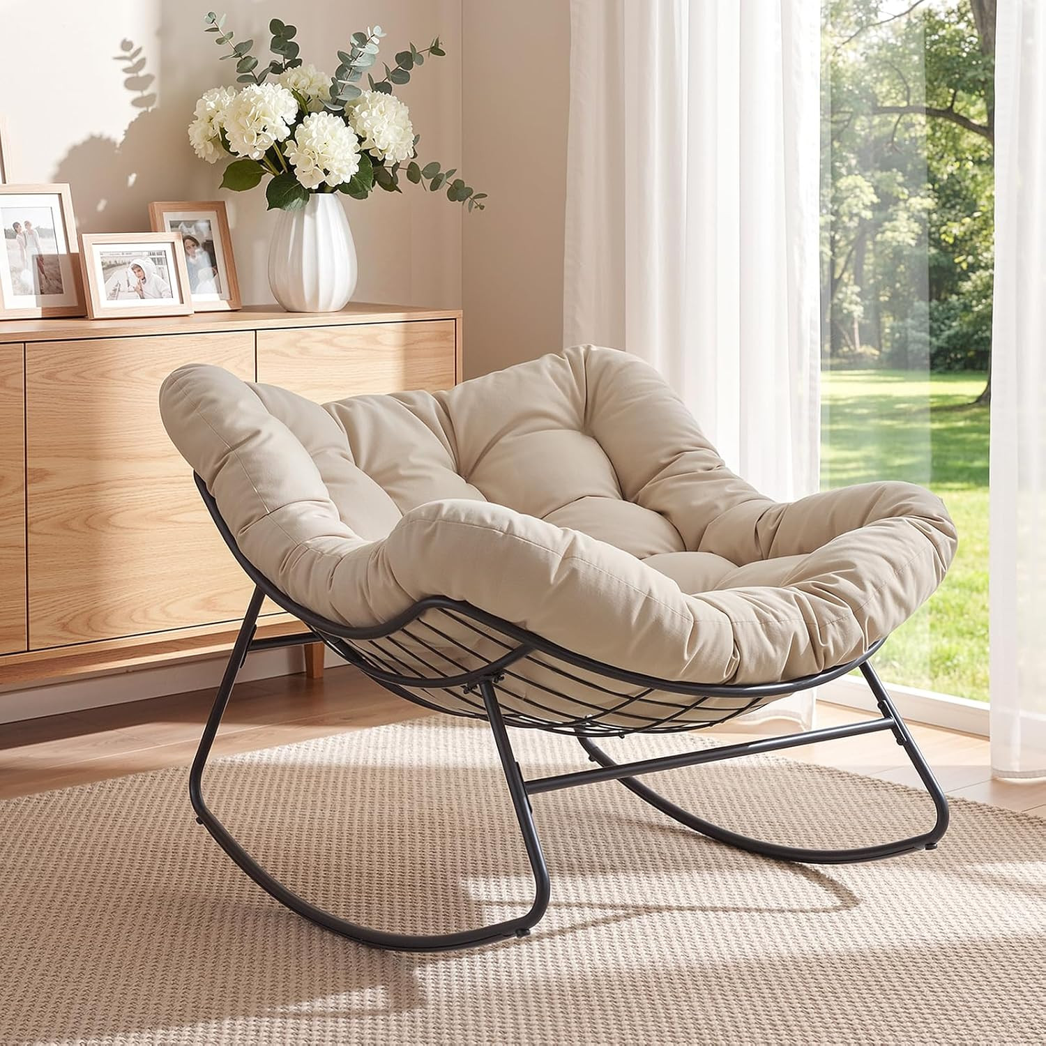 Papasan Rocking Chair Indoor, Oversized Rocking Chair with Thickened Cushion, 45