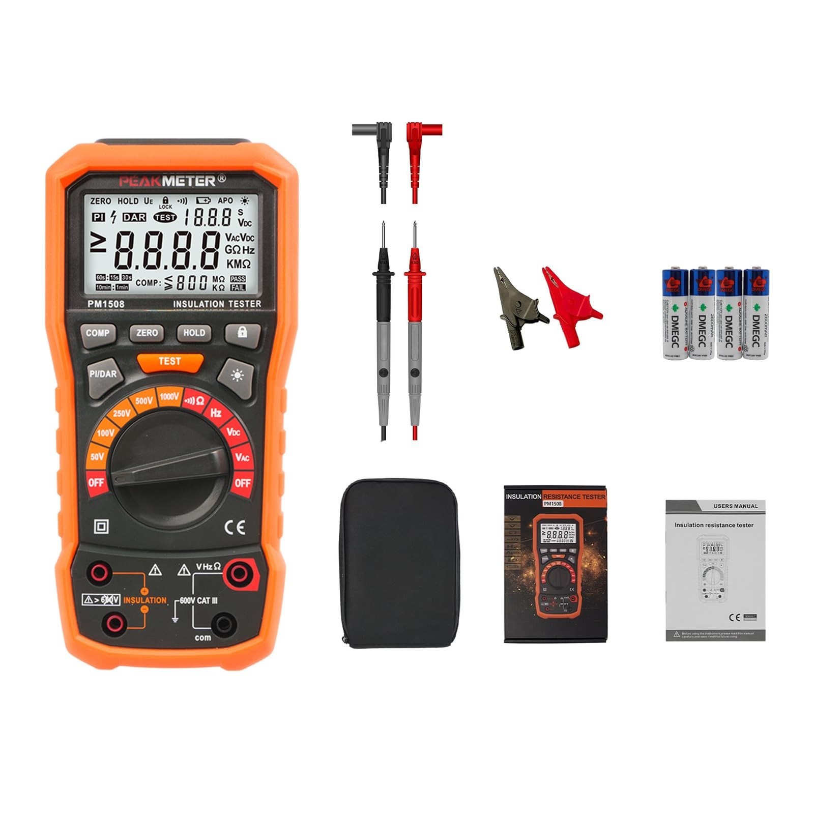 Digital Megohmmeter, Insulation Resistance Tester, 50V/100V/250V/500V/1000V f...