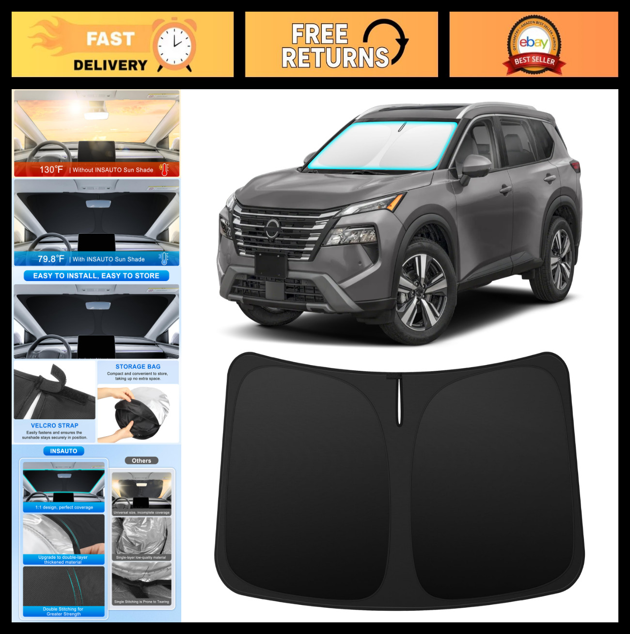 Custom Fit Windshield Sun Shade for Nissan Rogue 2021-2026 | Foldable UV Heat Re