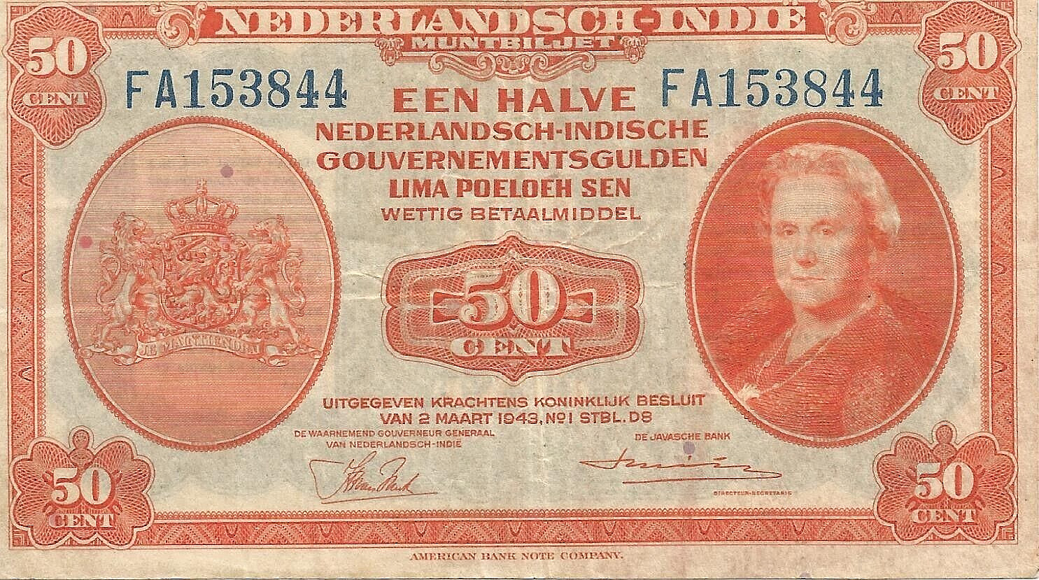 RARE 1943 NEDERLANDSCH-INDIE 50 Cent banknote  VF Circulated # 1