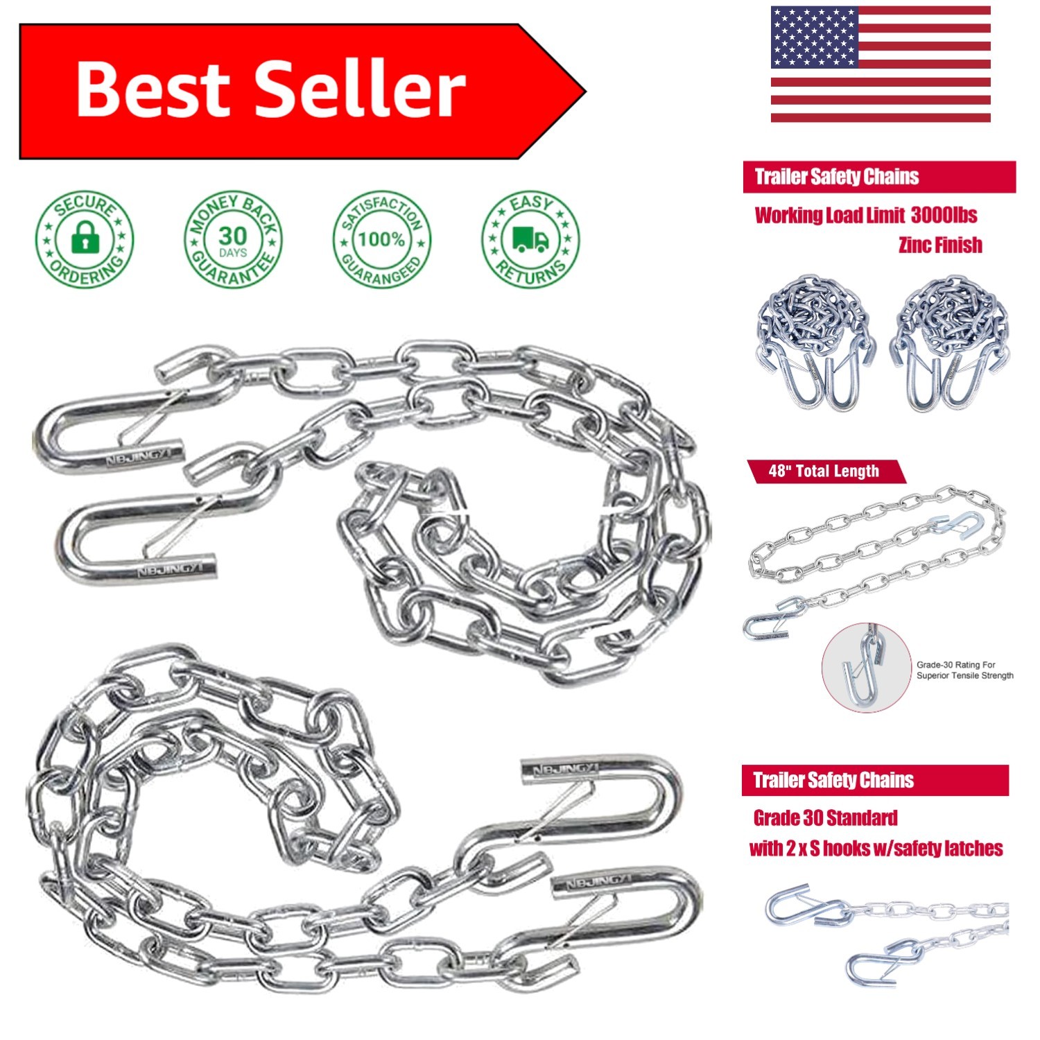 Heavy-Duty 3/16" x 48" Zinc-Coated Safety Chains for Trailers - Includes S-Hooks
