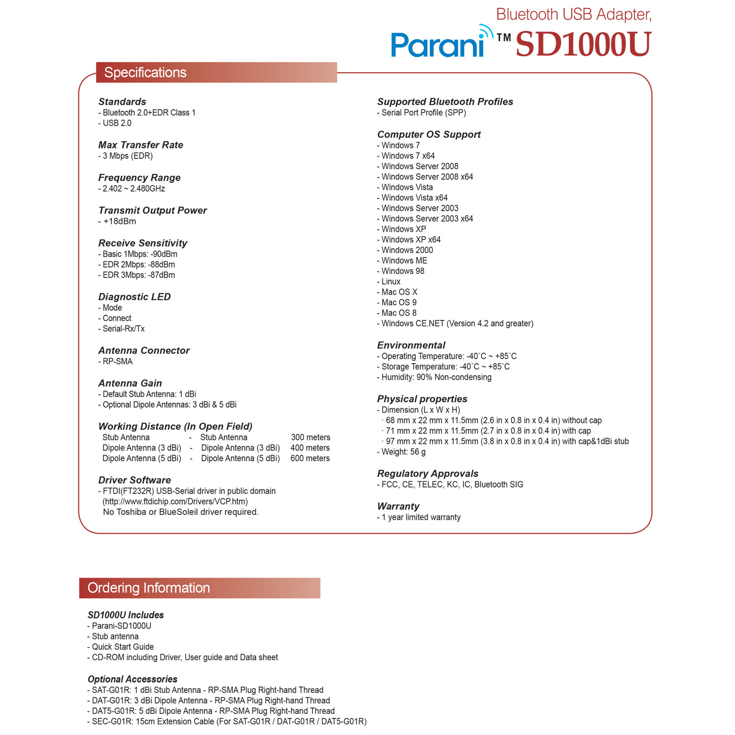 SENA Parani SD1000U Wireless Class1 Type Adapter 300M USB Interface