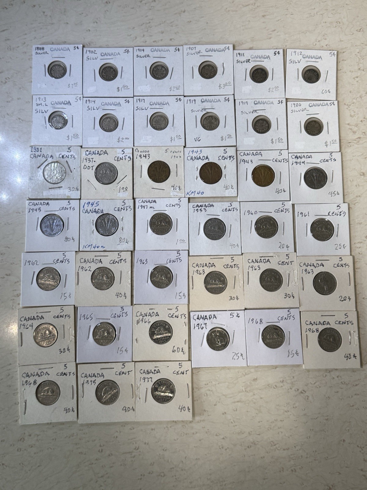 39 Canadian 5 Cent Coin Lot Silver 1888-1977 Victoria George V Rabbit Nickels