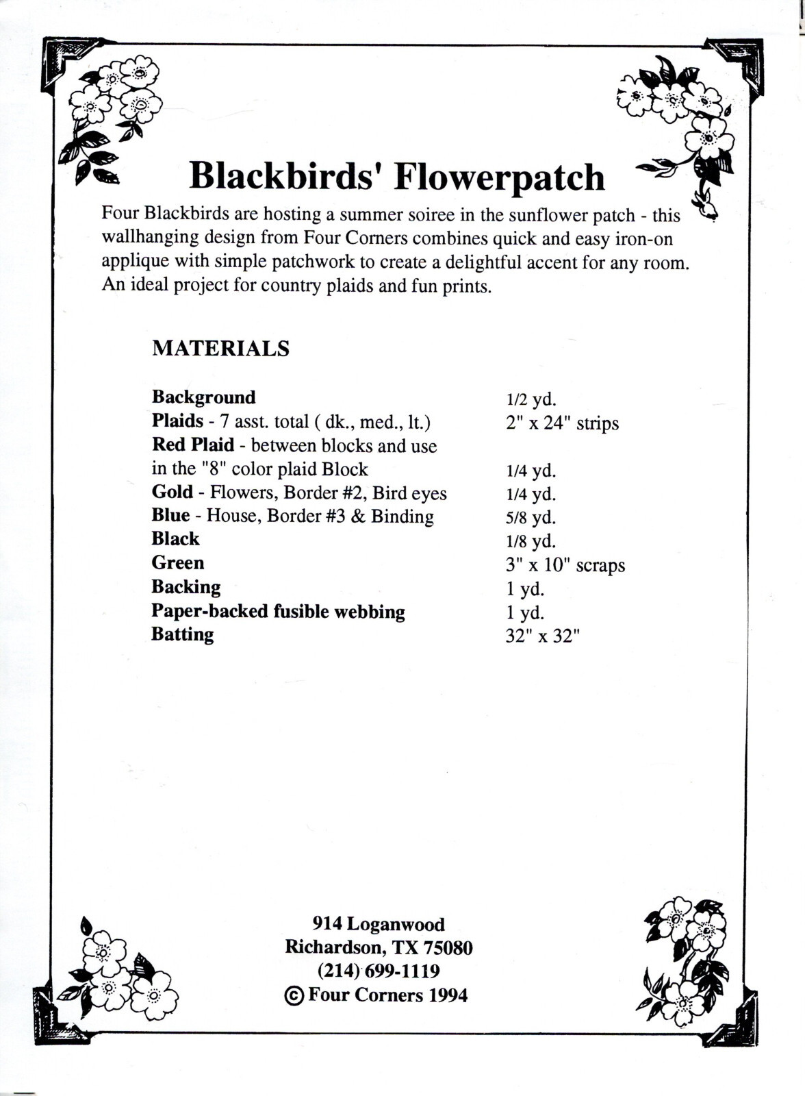 "Blackbord's Flower Patch" ©1994 Four Corners Quilting Sewing Craft Pattern 9408