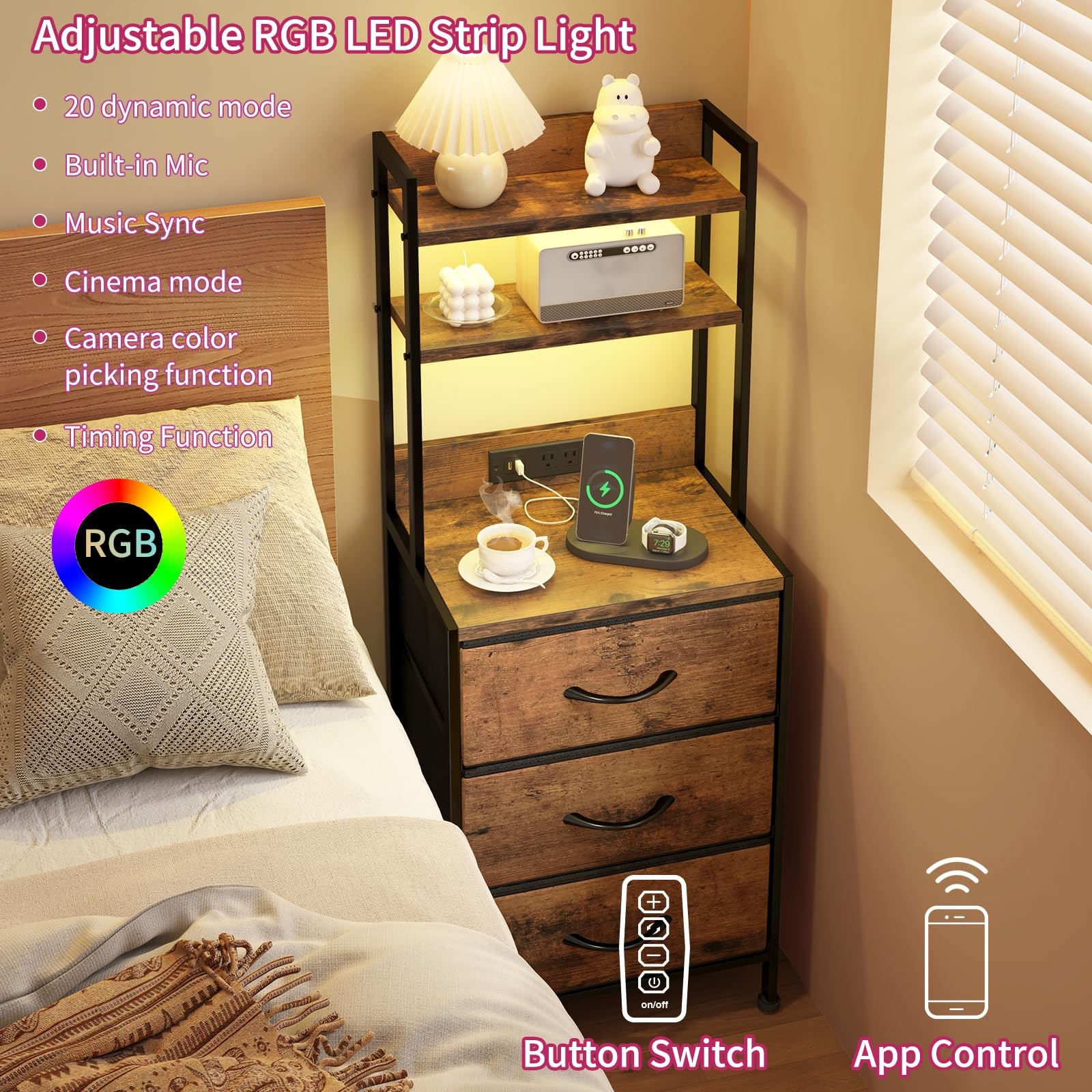 41 Inch Tall Nightstand with Charging Station, Led Night Stand with U-S-B Por...