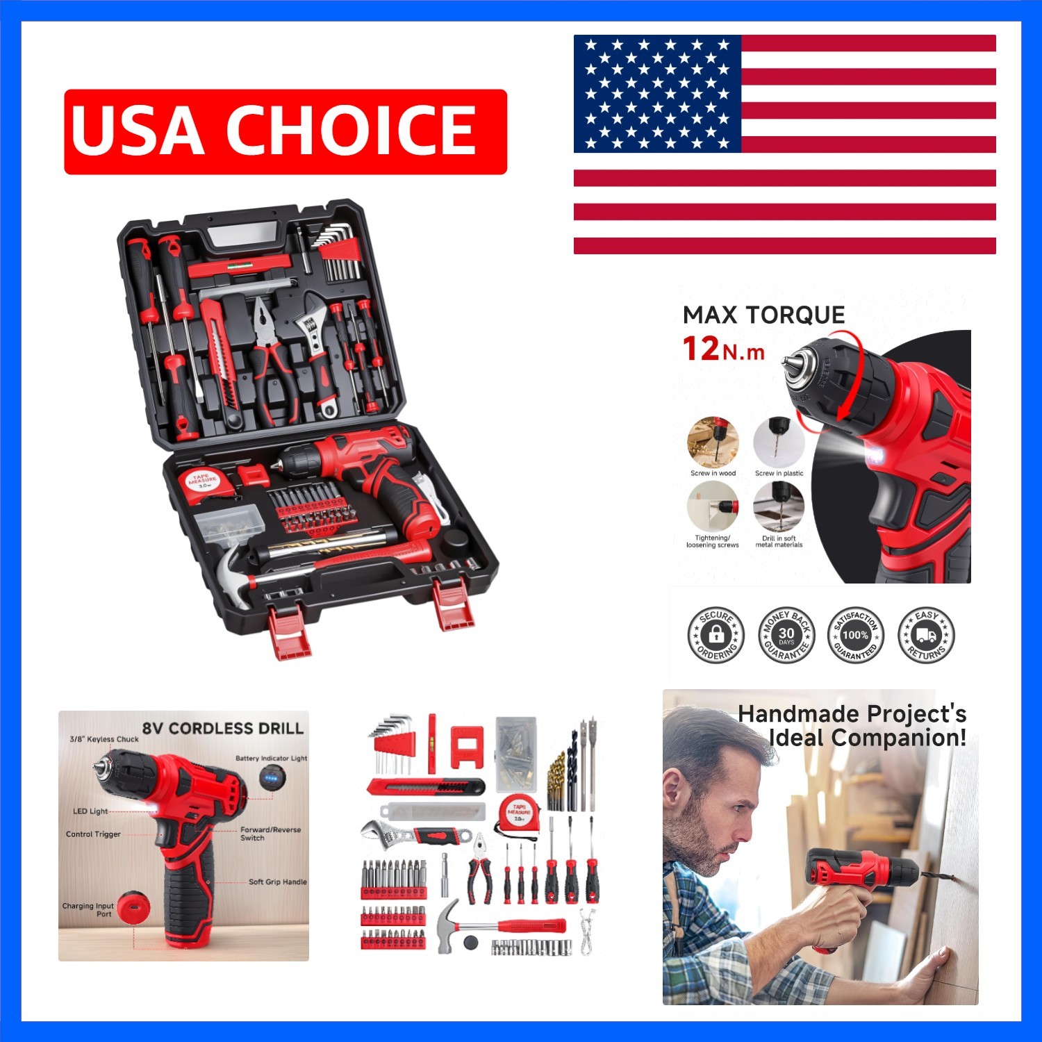 8V Cordless Drill Set, 132-Piece Home Tool Set for DIY & Home Improvement | R...