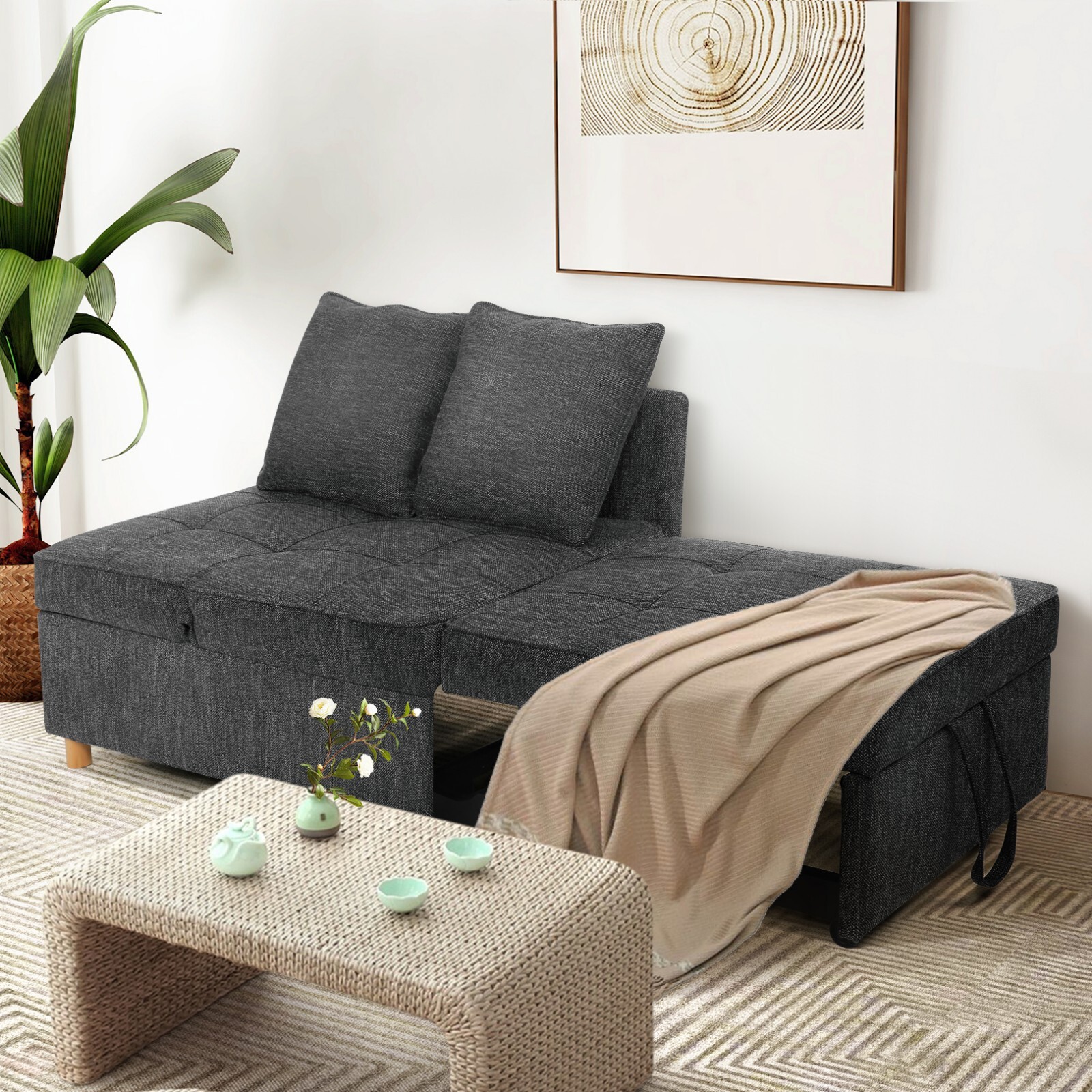 Folding Ottoman Sofa Bed Chair 4-in-1 Sleeper Sofa Adjustable Backrest+2 Pillows